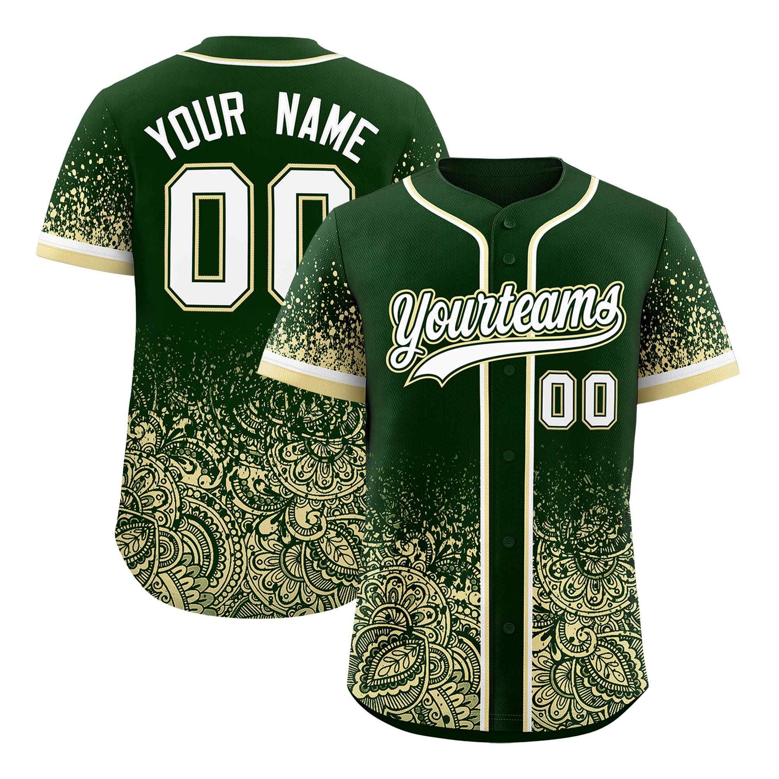 Custom Green Cream Floral Print Pattern Full Button Gradient Fashion Baseball Jersey