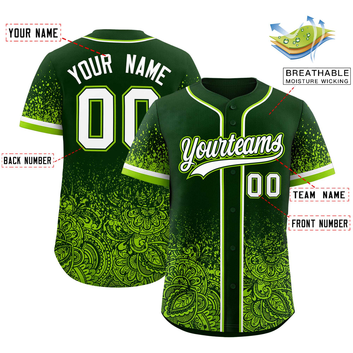 Custom Green Neon Green Floral Print Pattern Full Button Gradient Fashion Baseball Jersey