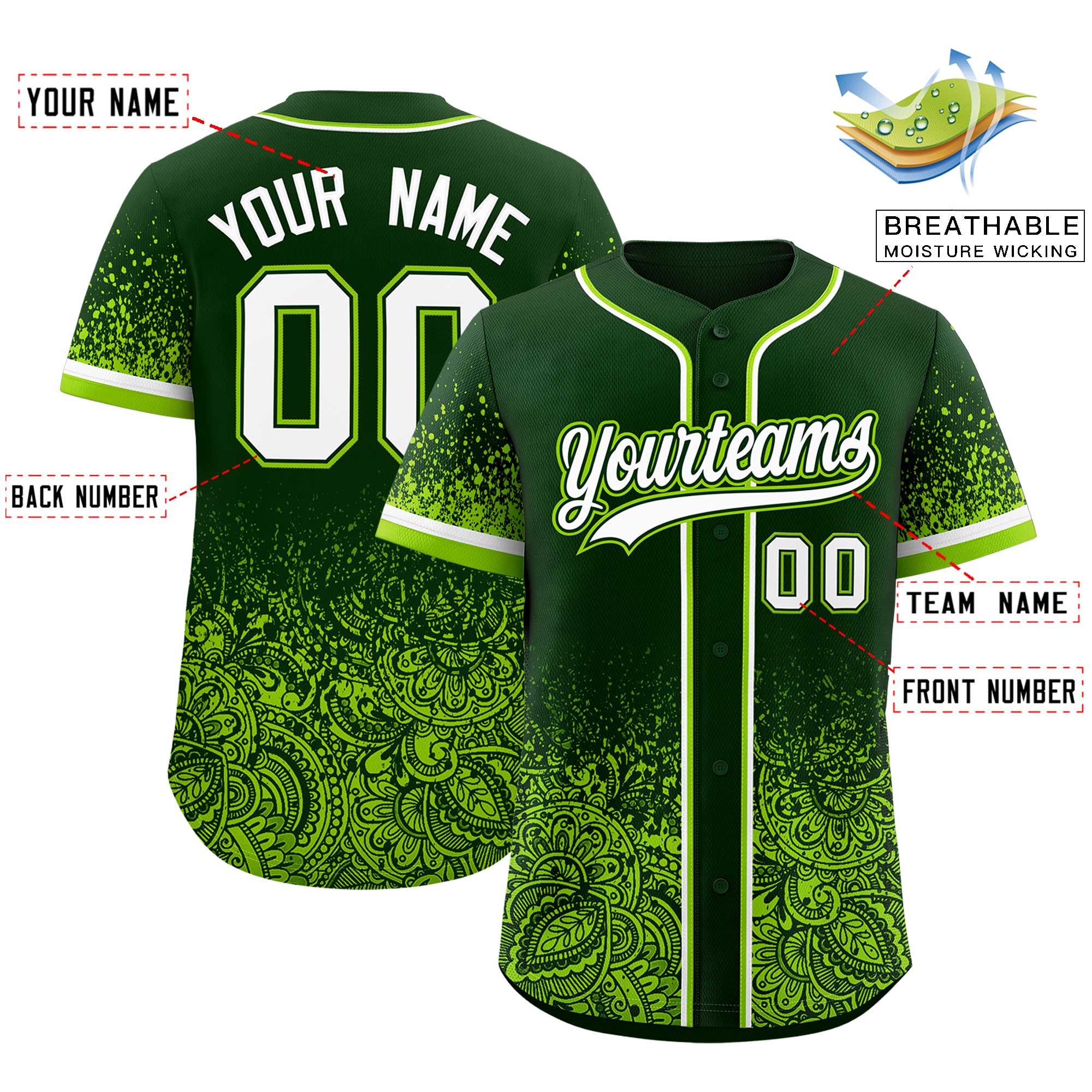 Custom Green Neon Green Floral Print Pattern Full Button Gradient Fashion Baseball Jersey