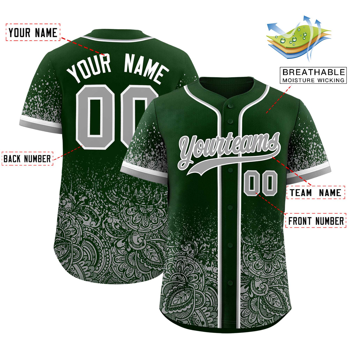 Custom Green Gray Floral Print Pattern Full Button Gradient Fashion Baseball Jersey