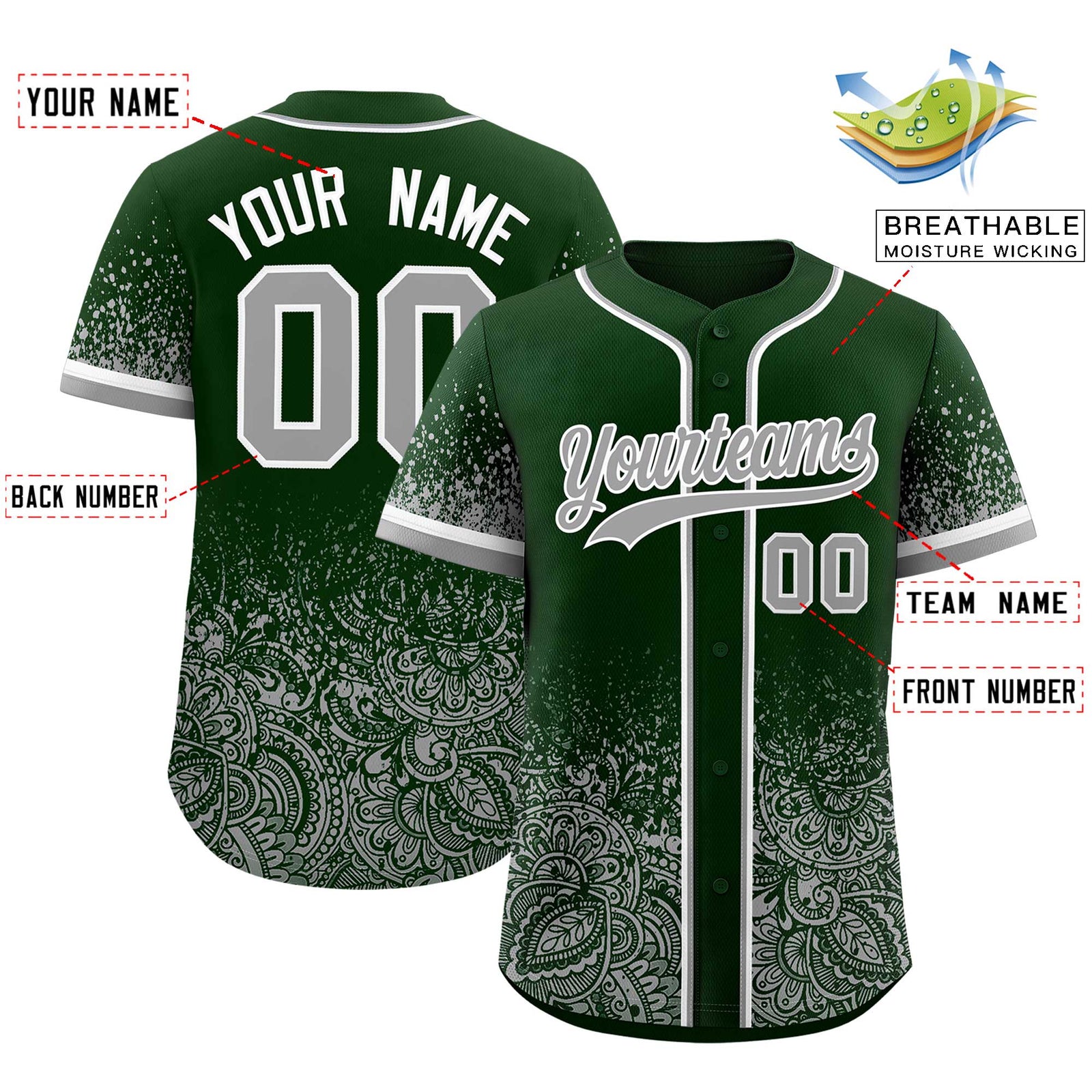 Custom Green Gray Floral Print Pattern Full Button Gradient Fashion Baseball Jersey