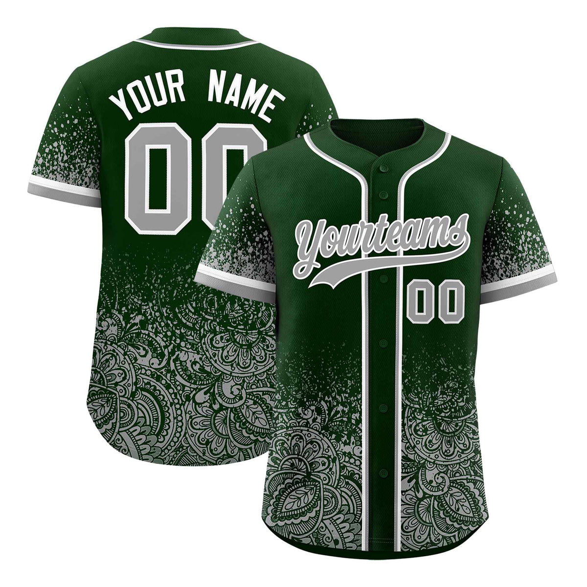 Custom Green Gray Floral Print Pattern Full Button Gradient Fashion Baseball Jersey