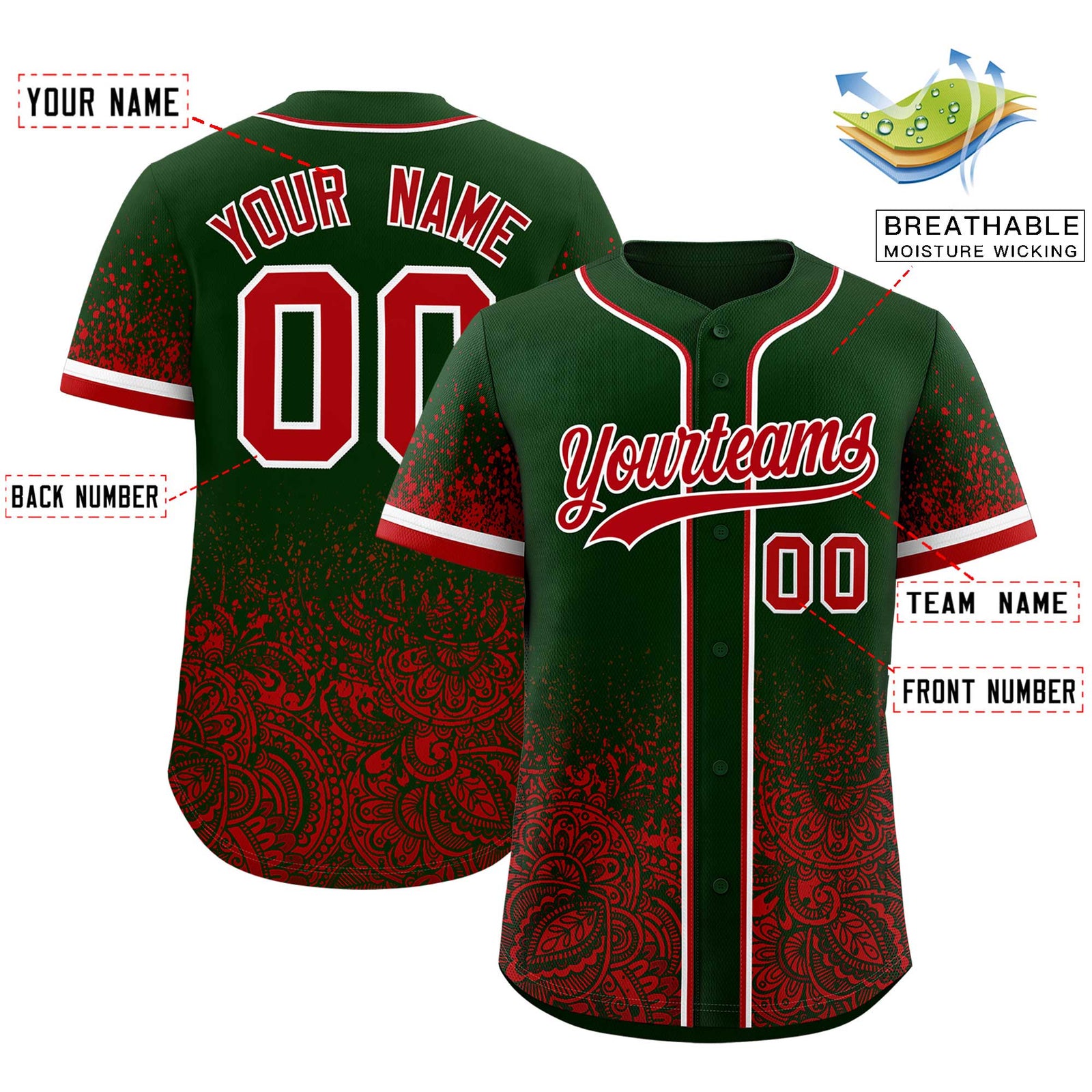 Custom Green Red Floral Print Pattern Full Button Gradient Fashion Baseball Jersey