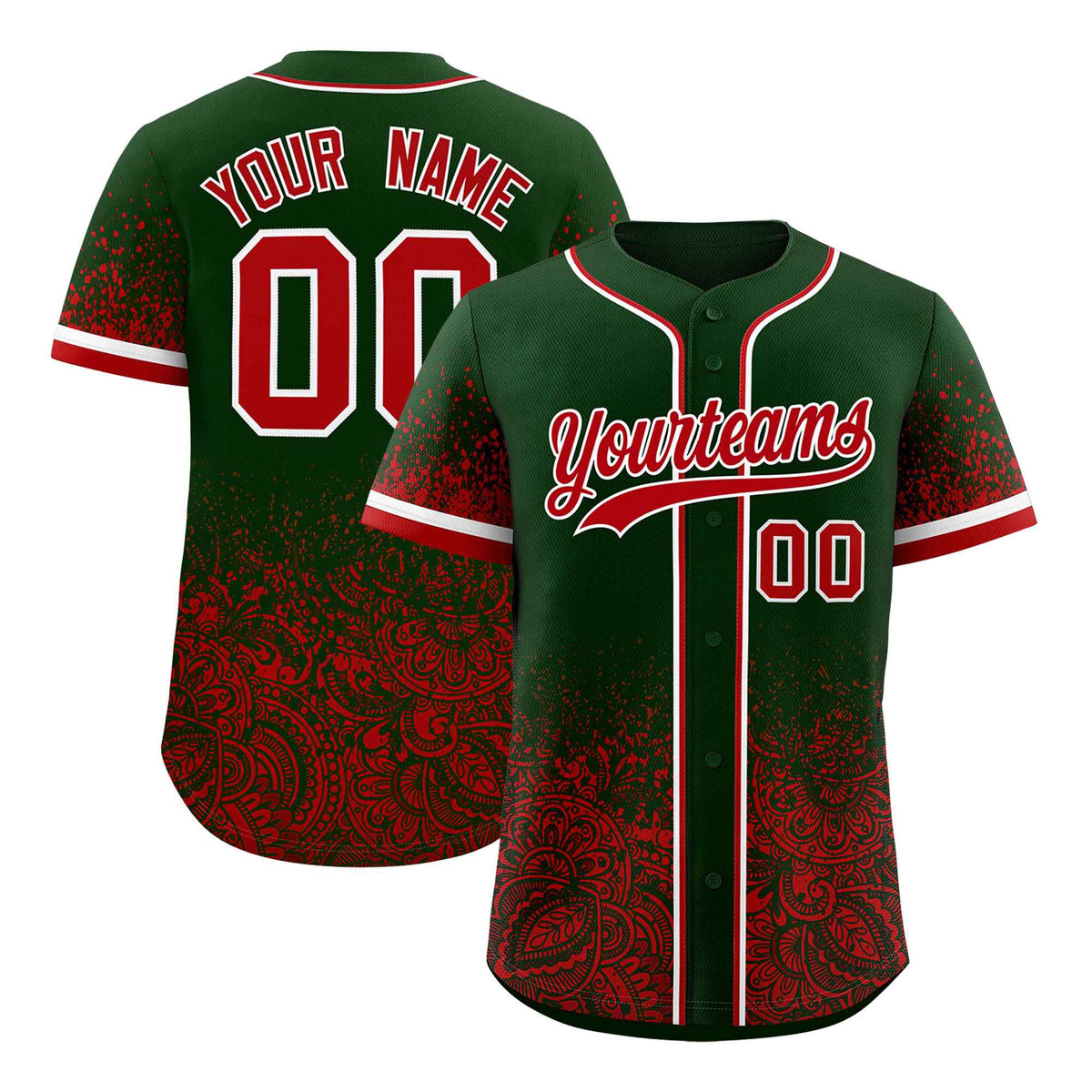 Custom Green Red Floral Print Pattern Full Button Gradient Fashion Baseball Jersey