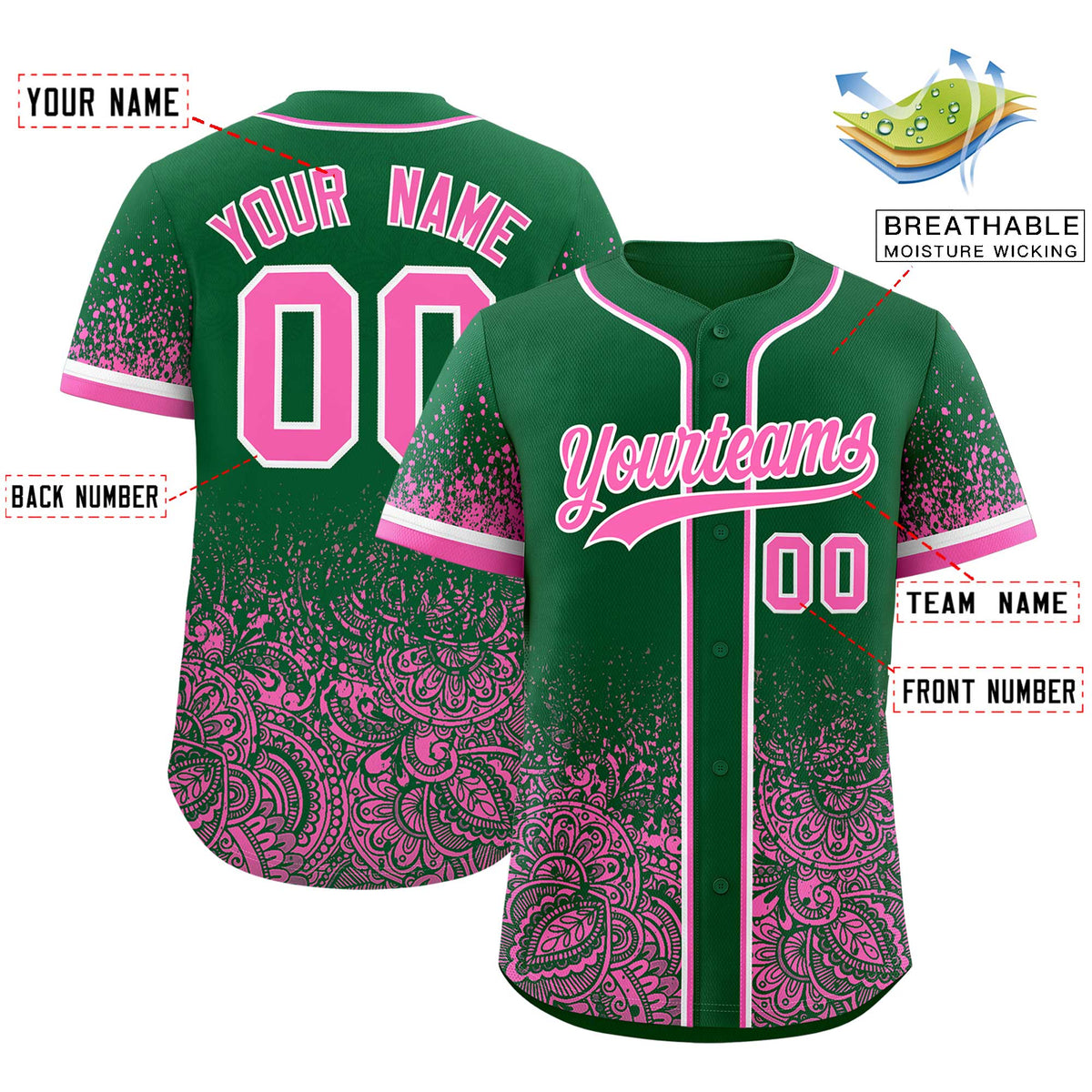 Custom Kelly Green Pink Floral Print Pattern Full Button Gradient Fashion Baseball Jersey