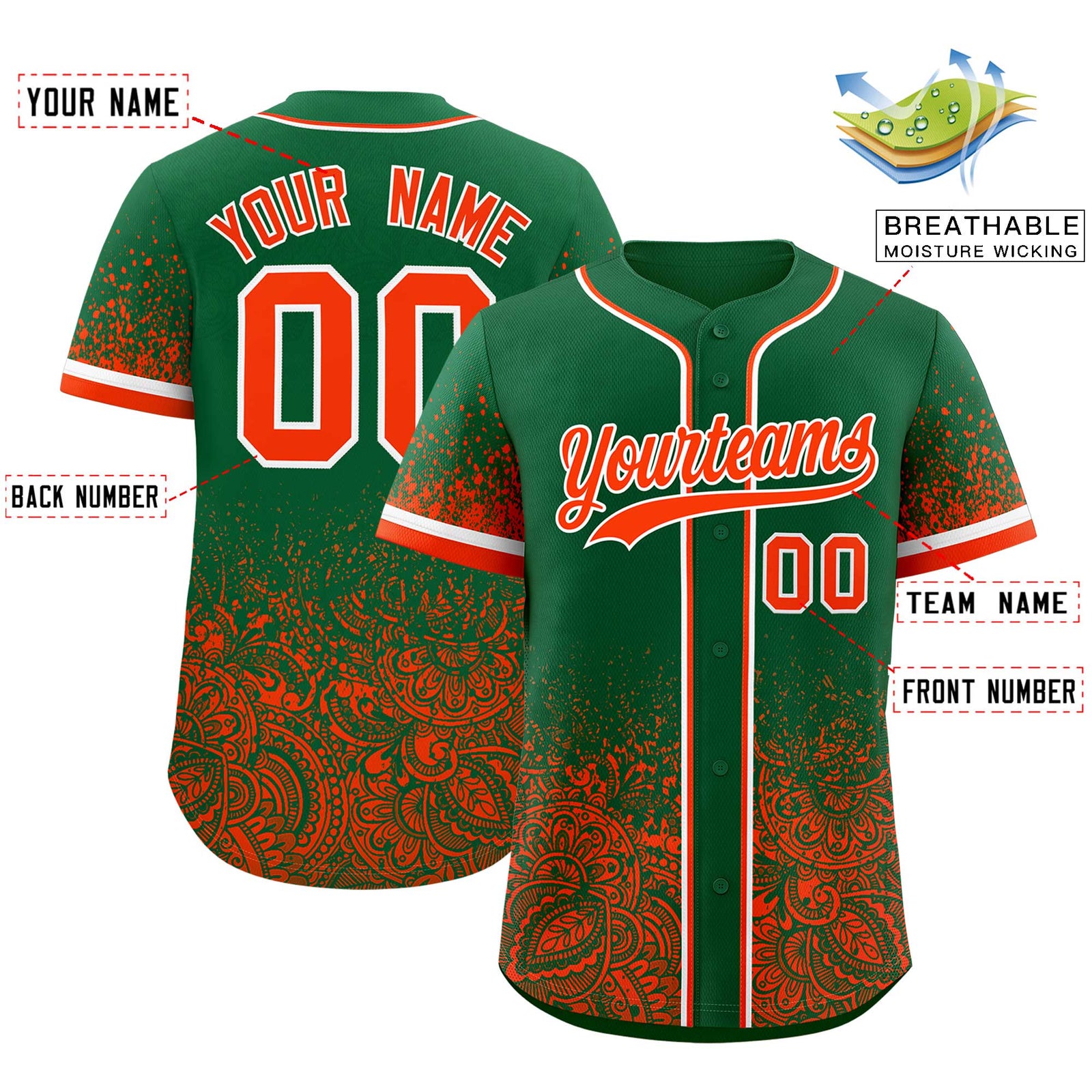 Custom Kelly Green Orange Floral Print Pattern Full Button Gradient Fashion Baseball Jersey