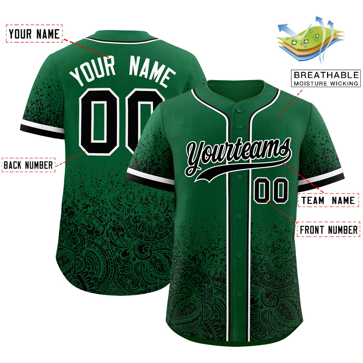 Custom Kelly Green Black Floral Print Pattern Full Button Gradient Fashion Baseball Jersey