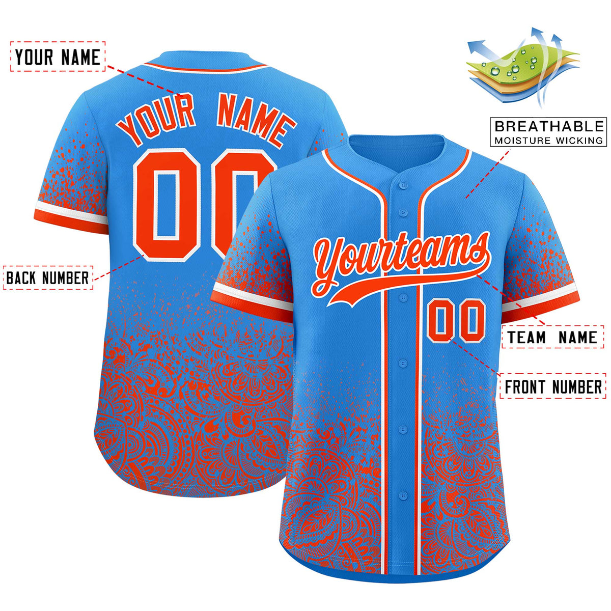 Custom Light Blue Orange Floral Print Pattern Full Button Gradient Fashion Baseball Jersey