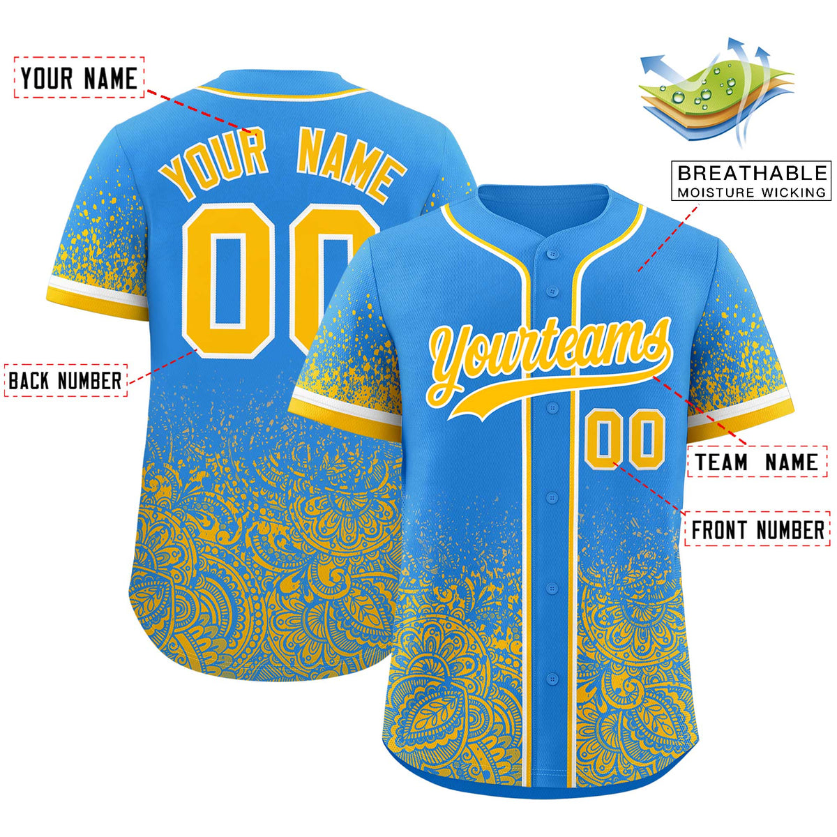Custom Light Blue Yellow Floral Print Pattern Full Button Gradient Fashion Baseball Jersey