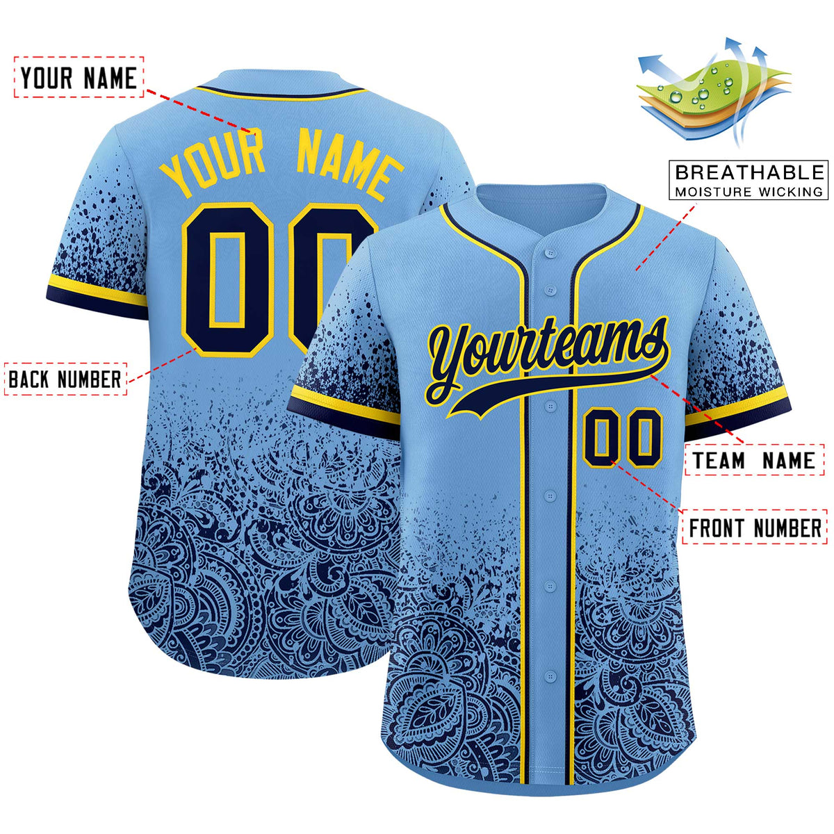 Custom Powder Blue Navy Floral Print Pattern Full Button Gradient Fashion Baseball Jersey
