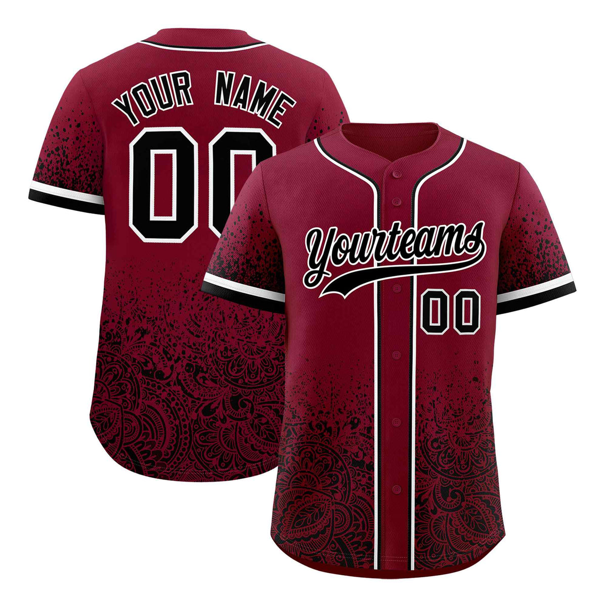 Custom Crimson Black Floral Print Pattern Full Button Gradient Fashion Baseball Jersey