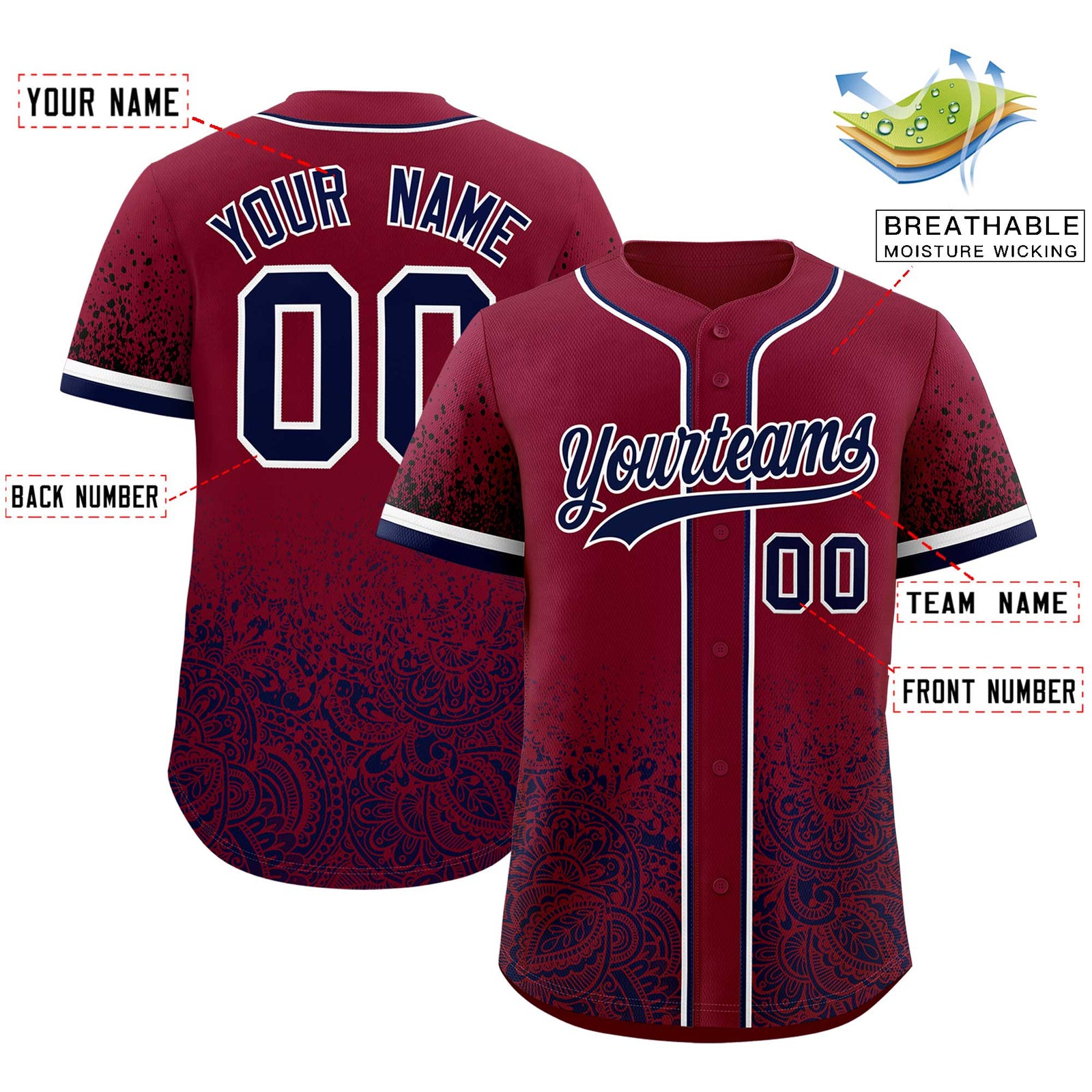 Custom Crimson Navy Floral Print Pattern Full Button Gradient Fashion Baseball Jersey