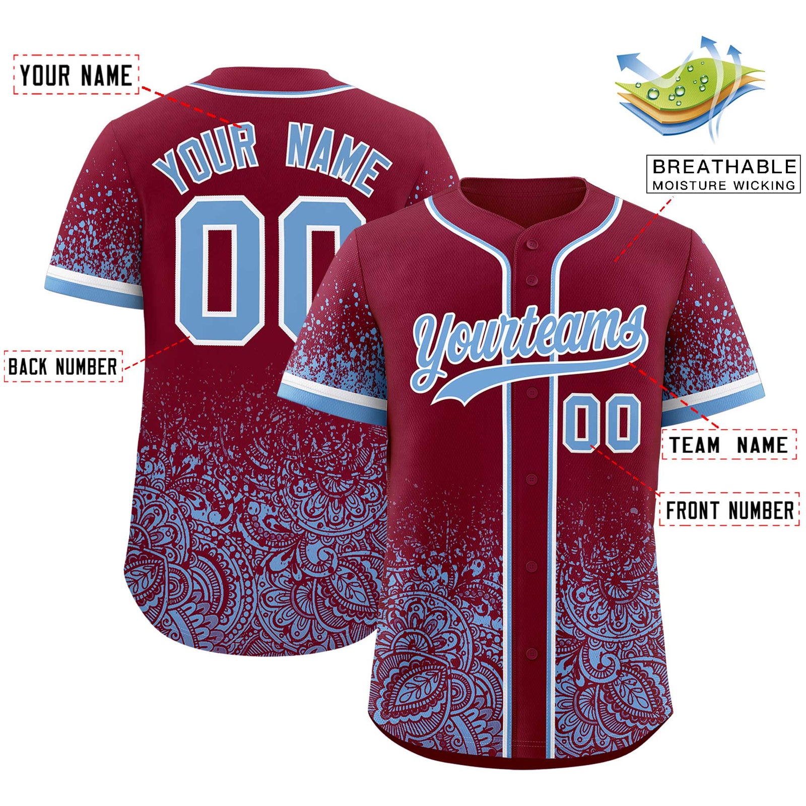 Custom Crimson Powder Blue Floral Print Pattern Full Button Gradient Fashion Baseball Jersey