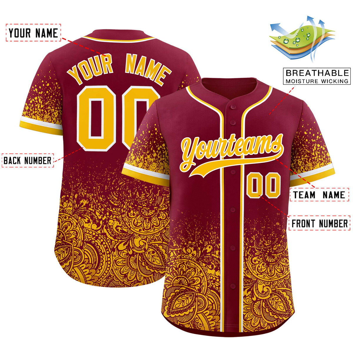 Custom Crimson Yellow Floral Print Pattern Full Button Gradient Fashion Baseball Jersey