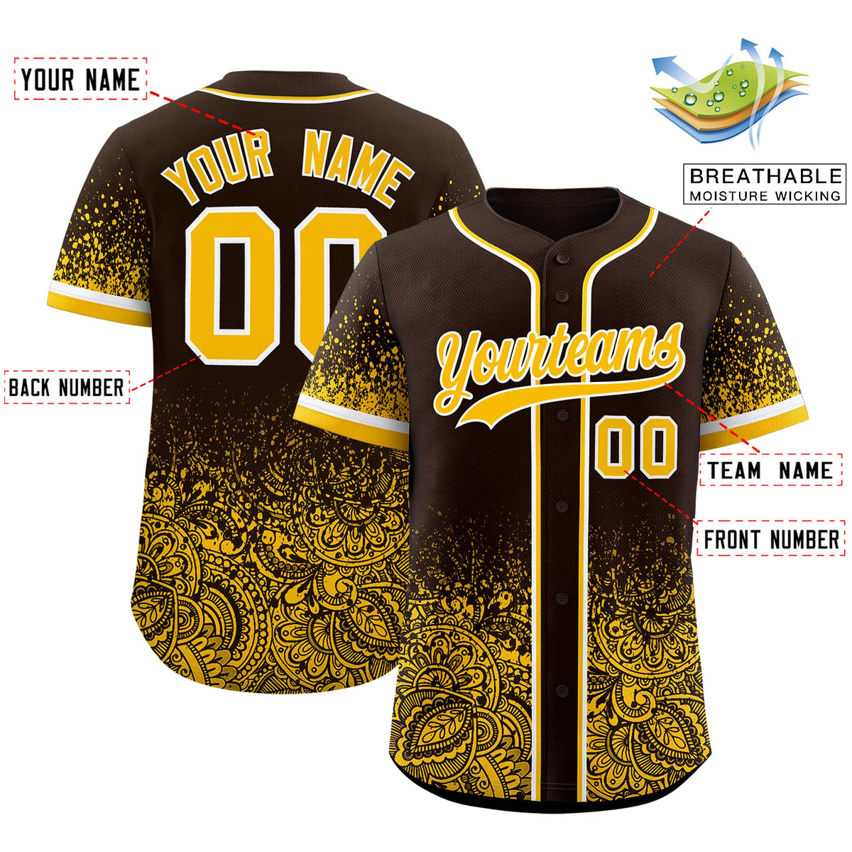 Custom Brown Yellow Floral Print Pattern Full Button Gradient Fashion Baseball Jersey