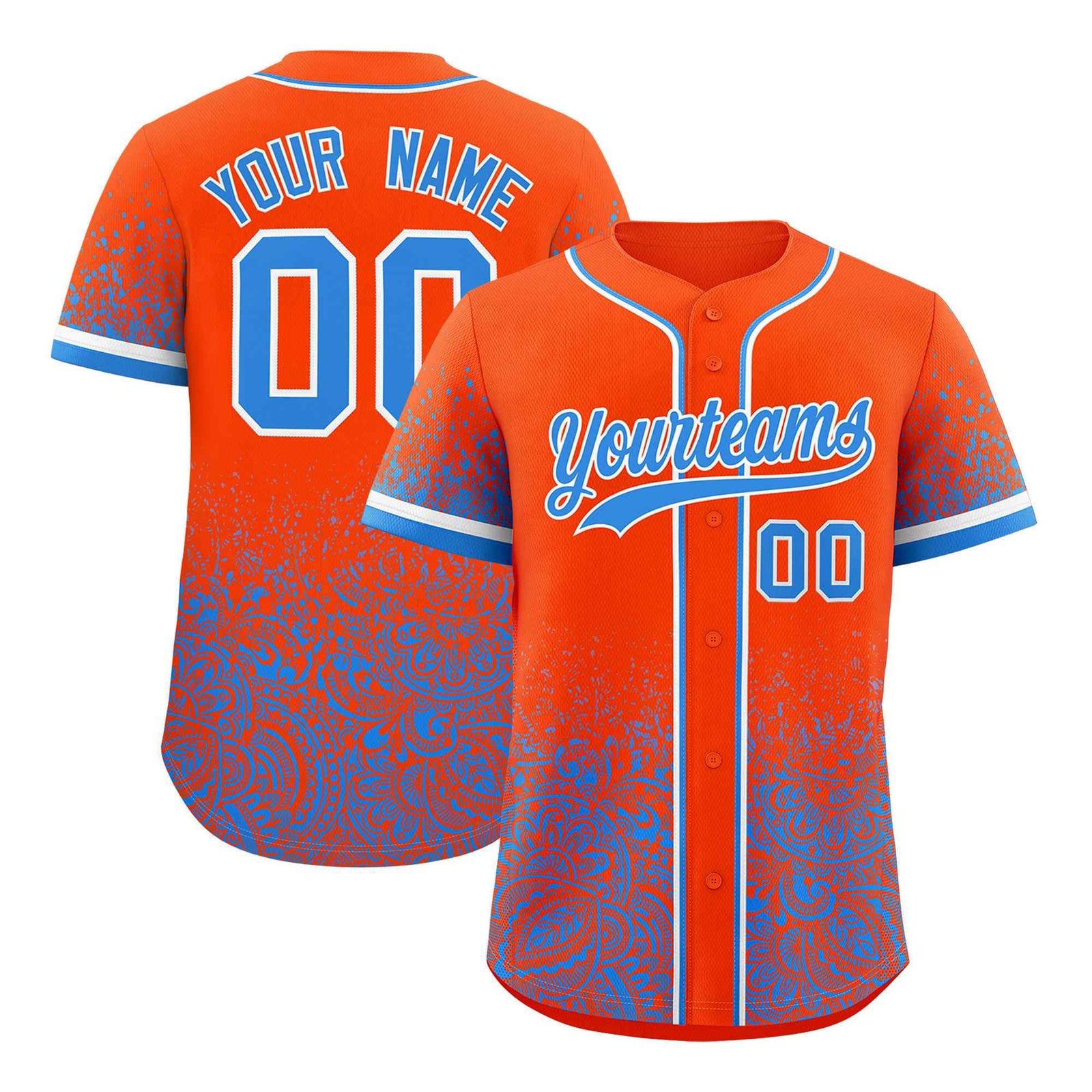 Custom Orange Light Blue Floral Print Pattern Full Button Gradient Fashion Baseball Jersey