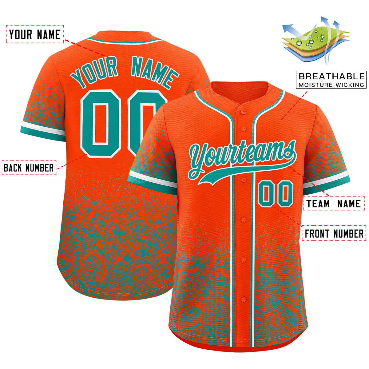 Custom Orange Aqua Floral Print Pattern Full Button Gradient Fashion Baseball Jersey