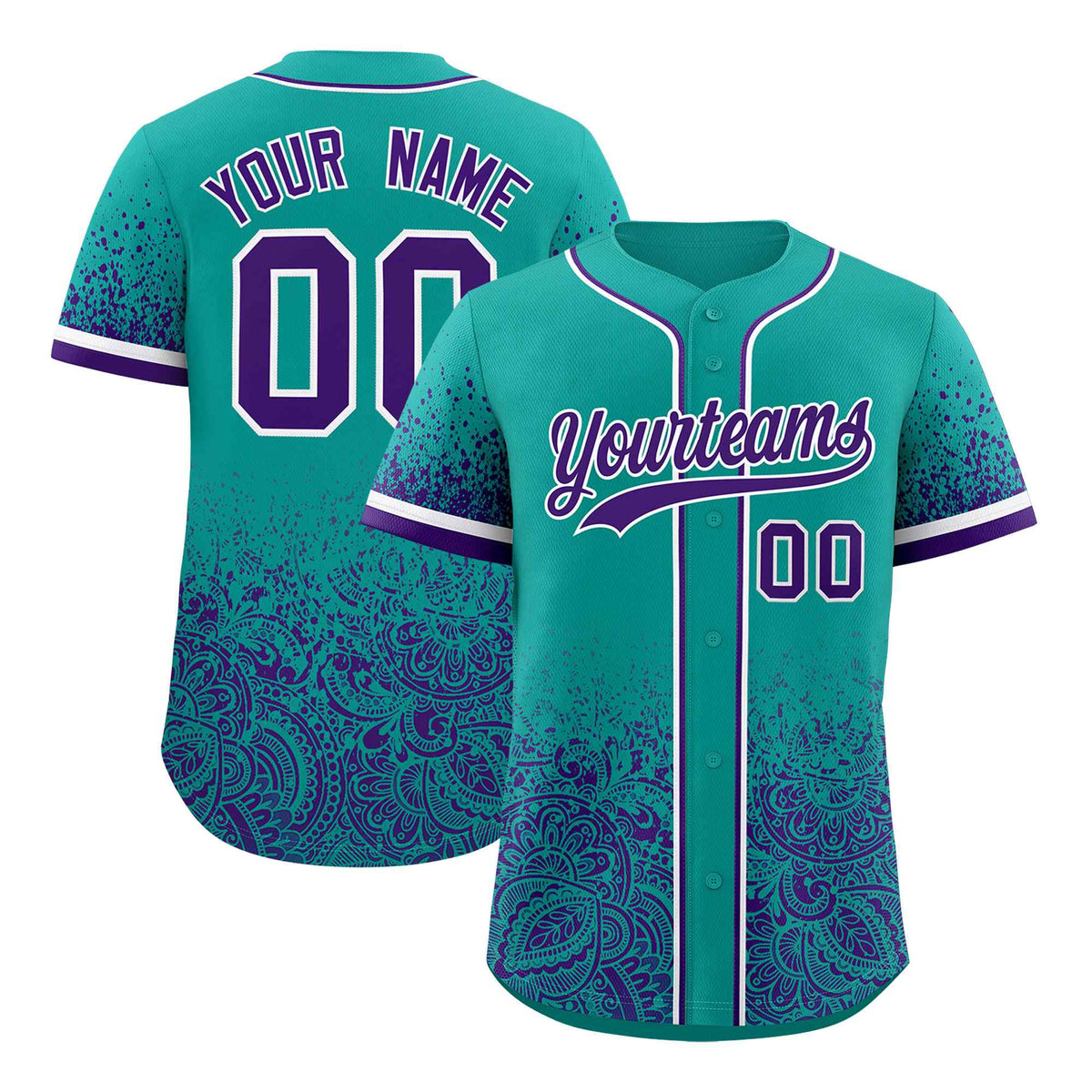 Custom Aqua Purple Floral Print Pattern Full Button Gradient Fashion Baseball Jersey