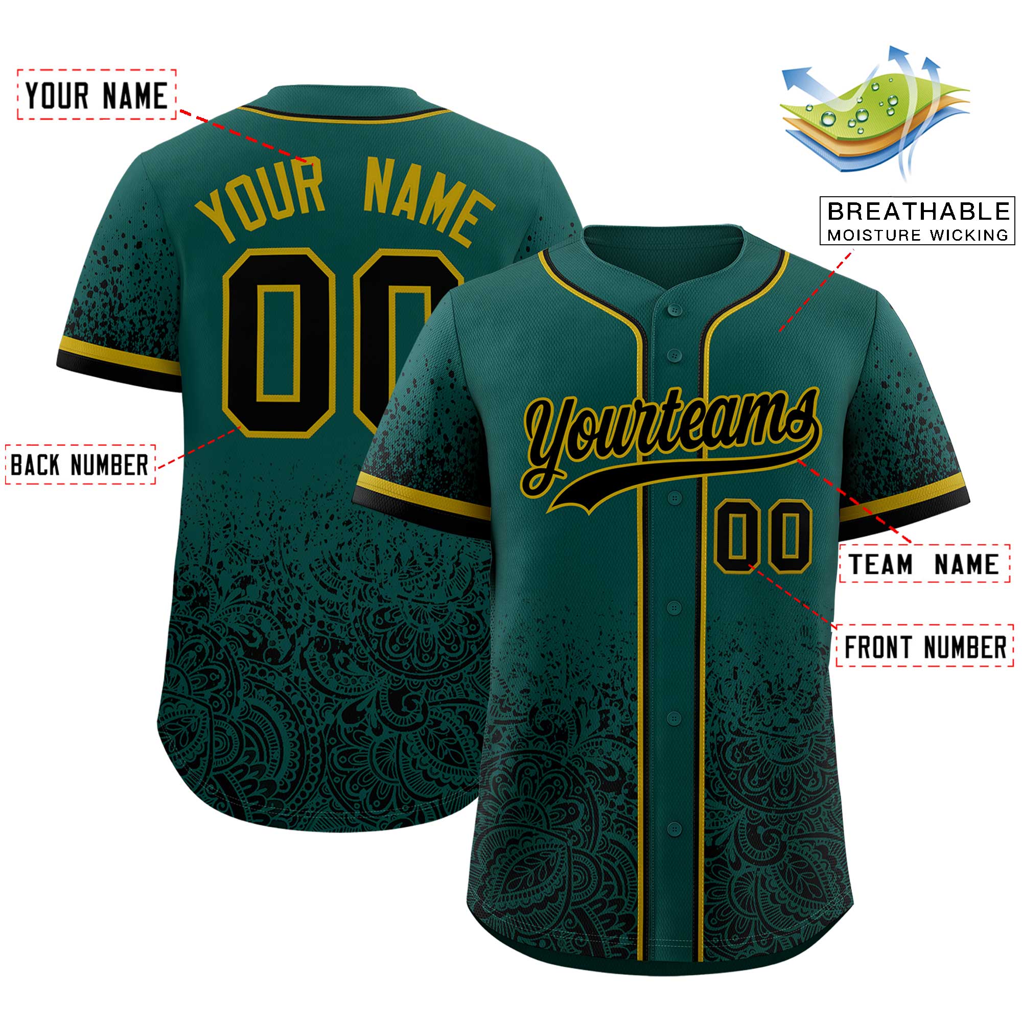 Custom Midnight Green Black Floral Print Pattern Full Button Gradient Fashion Baseball Jersey