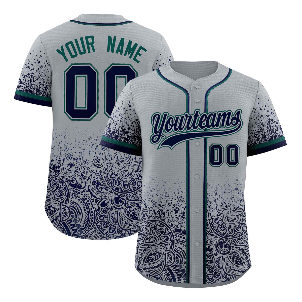 Custom Gray Navy Floral Print Pattern Full Button Gradient Fashion Baseball Jersey
