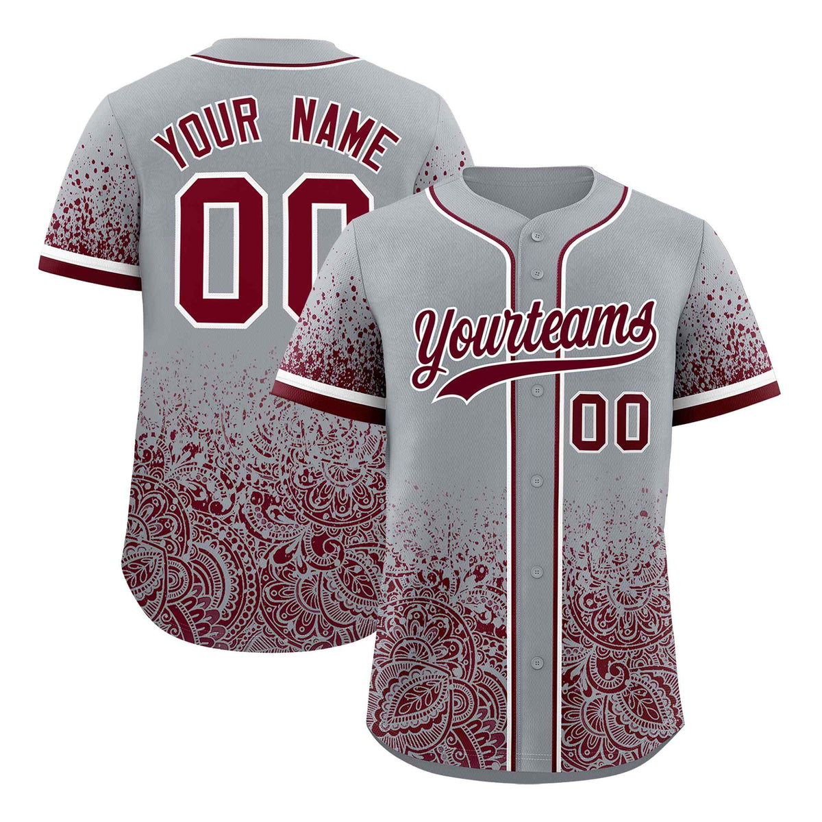 Custom Gray Crimson Floral Print Pattern Full Button Gradient Fashion Baseball Jersey