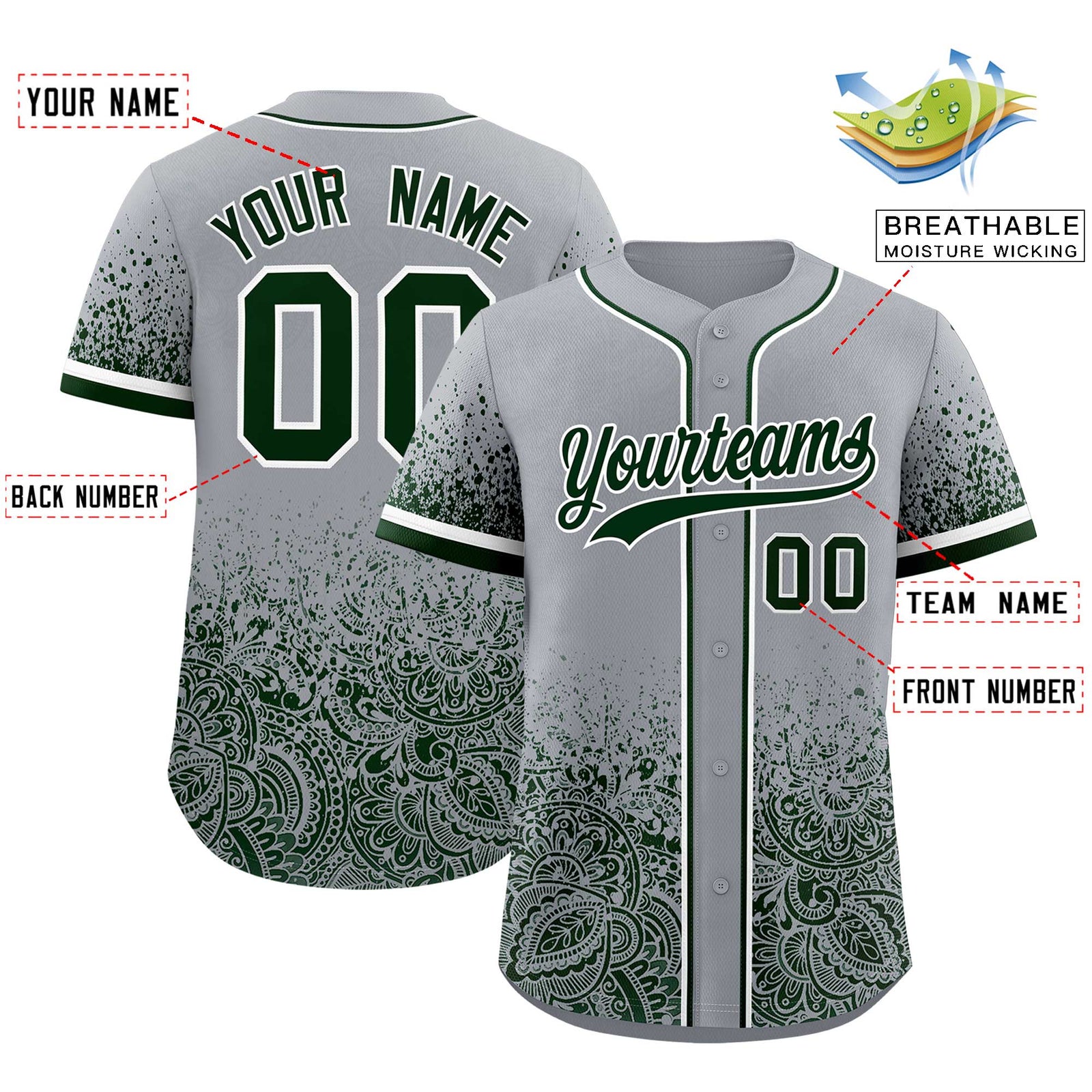 Custom Gray Green Floral Print Pattern Full Button Gradient Fashion Baseball Jersey