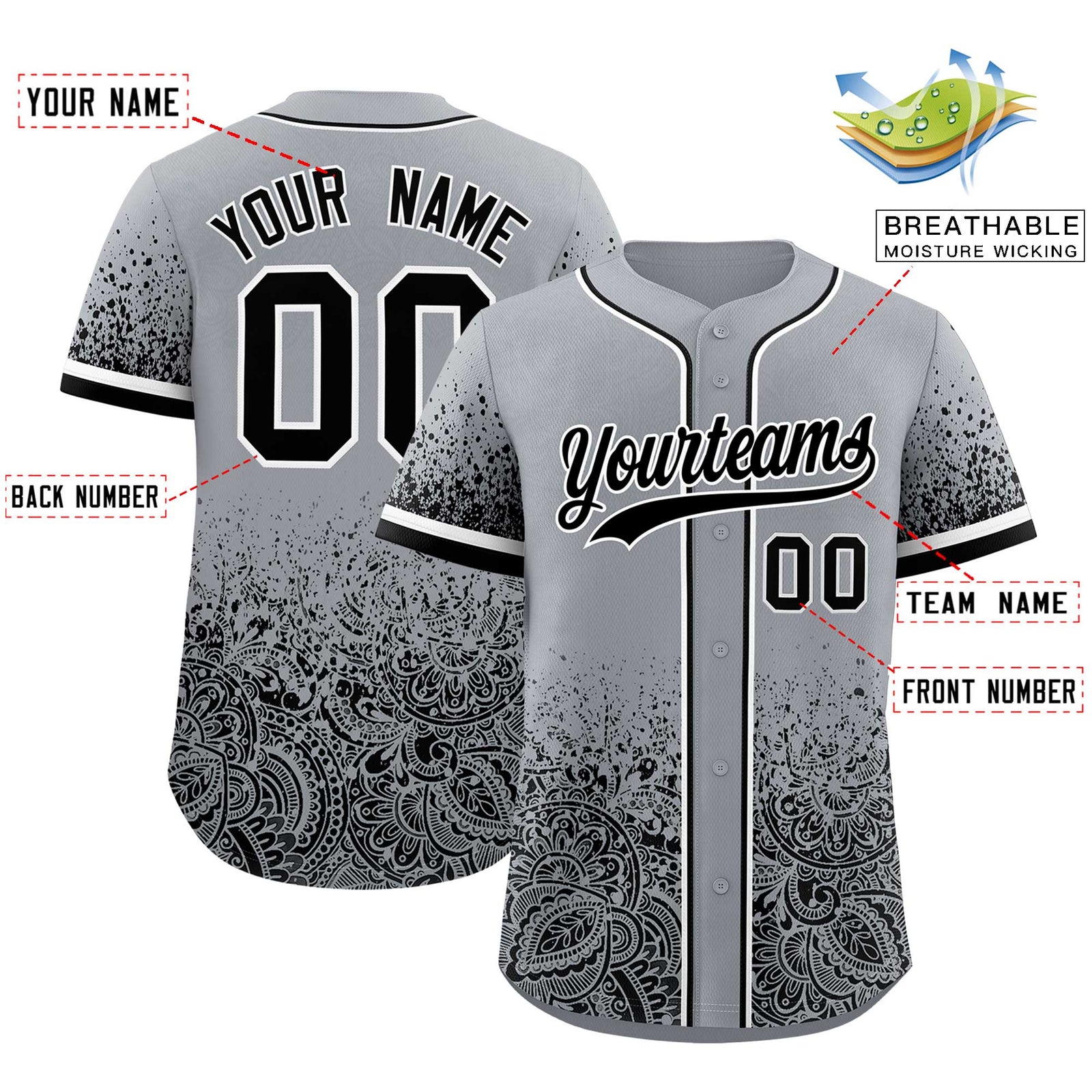 Custom Gray Black Floral Print Pattern Full Button Gradient Fashion Baseball Jersey