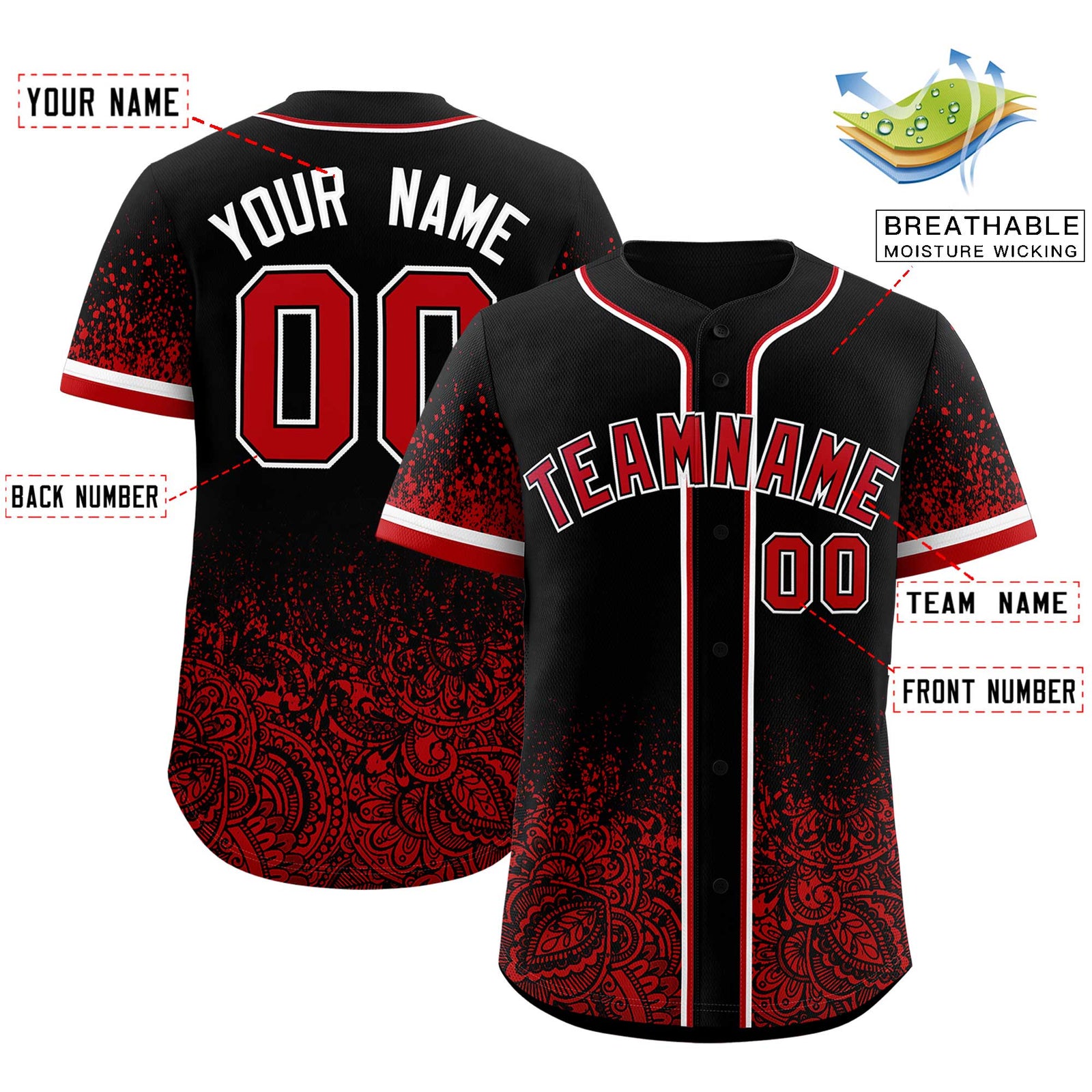 Custom Black Red Floral Print Pattern Full Button Gradient Fashion Baseball Jersey