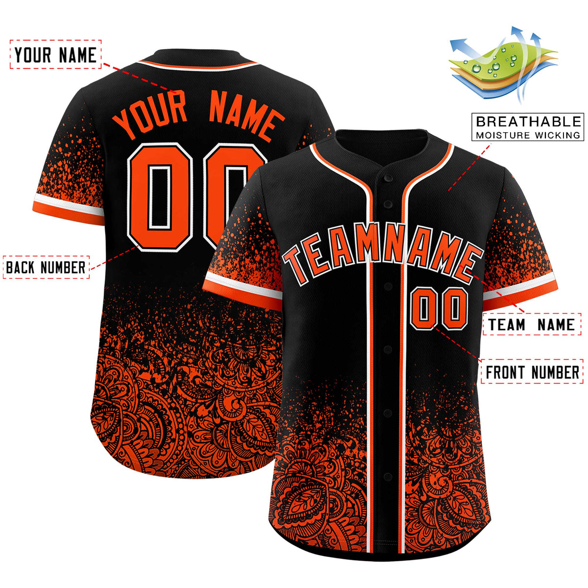 Custom Black Orange Floral Print Pattern Full Button Gradient Fashion Baseball Jersey