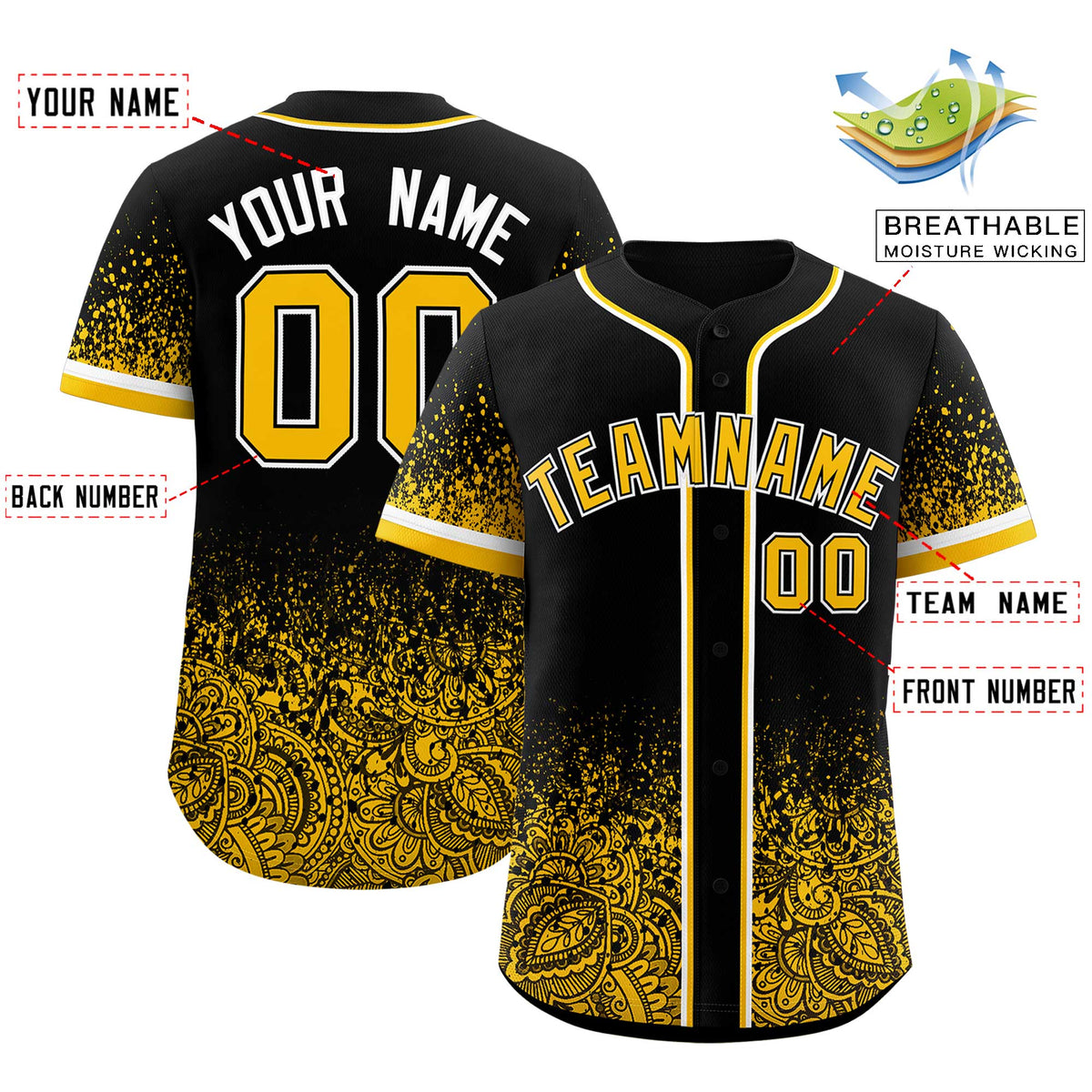 Custom Black Yellow Floral Print Pattern Full Button Gradient Fashion Baseball Jersey