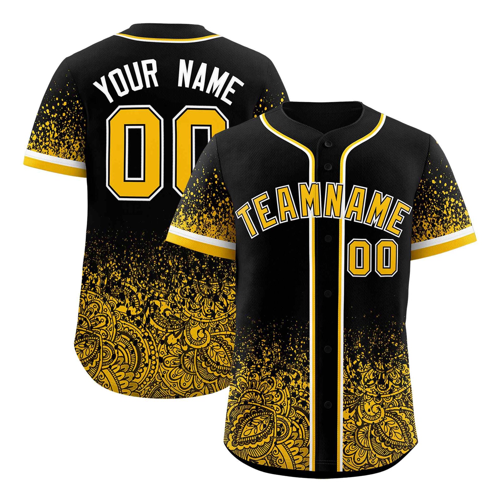 Custom Black Yellow Floral Print Pattern Full Button Gradient Fashion Baseball Jersey