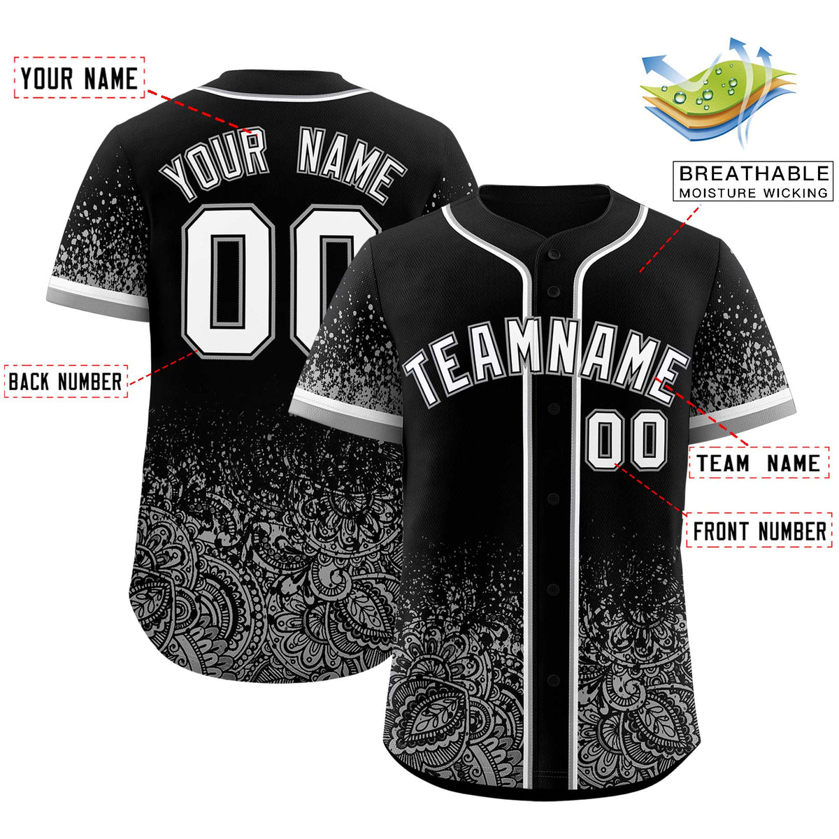 Custom Black Gray Floral Print Pattern Full Button Gradient Fashion Baseball Jersey