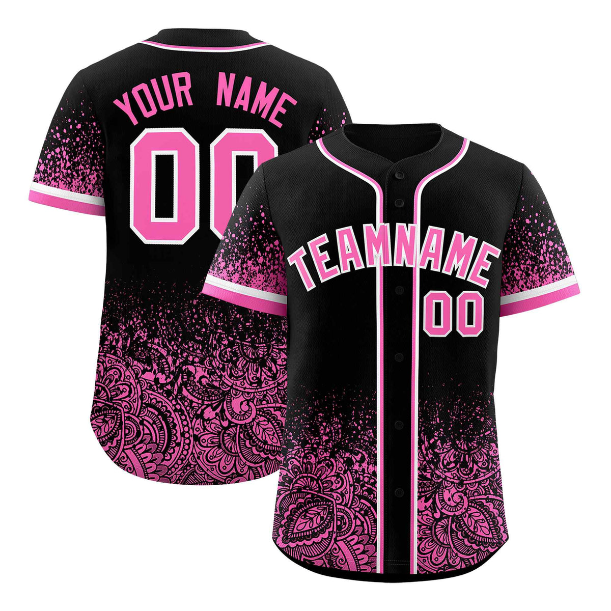 Custom Black Pink Floral Print Pattern Full Button Gradient Fashion Baseball Jersey