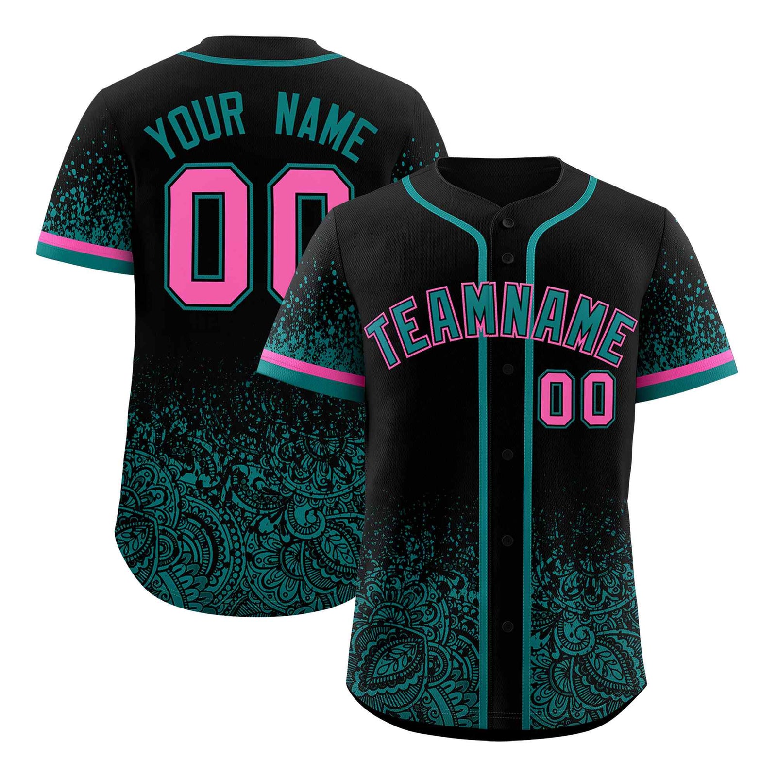 Custom Black Teal Floral Print Pattern Full Button Gradient Fashion Baseball Jersey