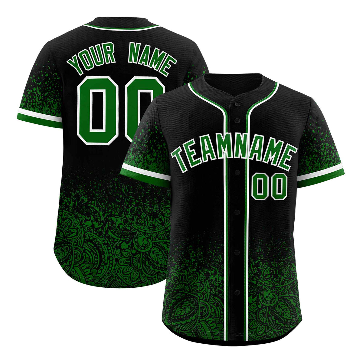 Custom Black Kelly Green Floral Print Pattern Full Button Gradient Fashion Baseball Jersey