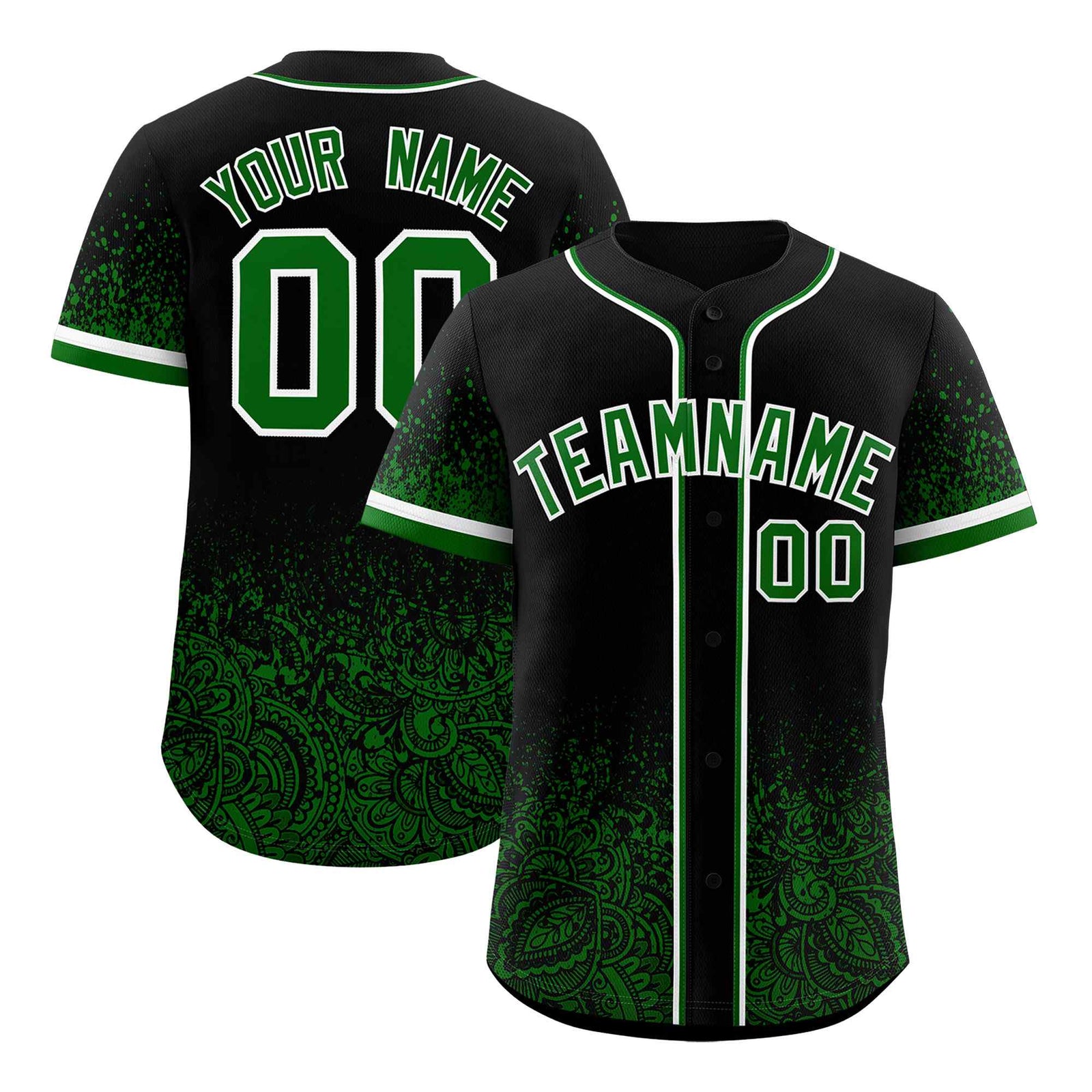 Custom Black Kelly Green Floral Print Pattern Full Button Gradient Fashion Baseball Jersey
