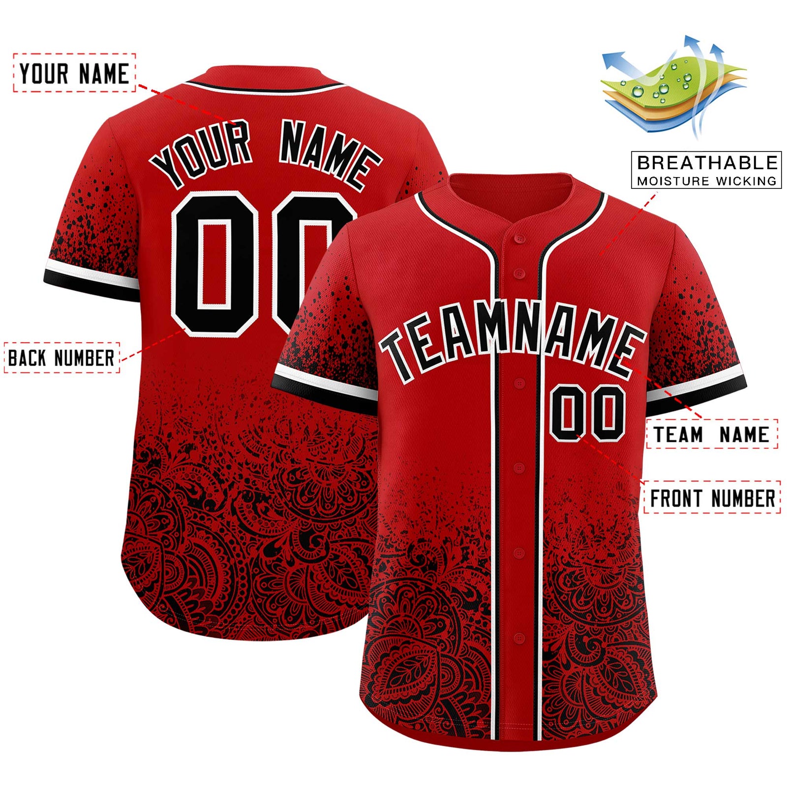 Custom Red Black Floral Print Pattern Full Button Gradient Fashion Baseball Jersey