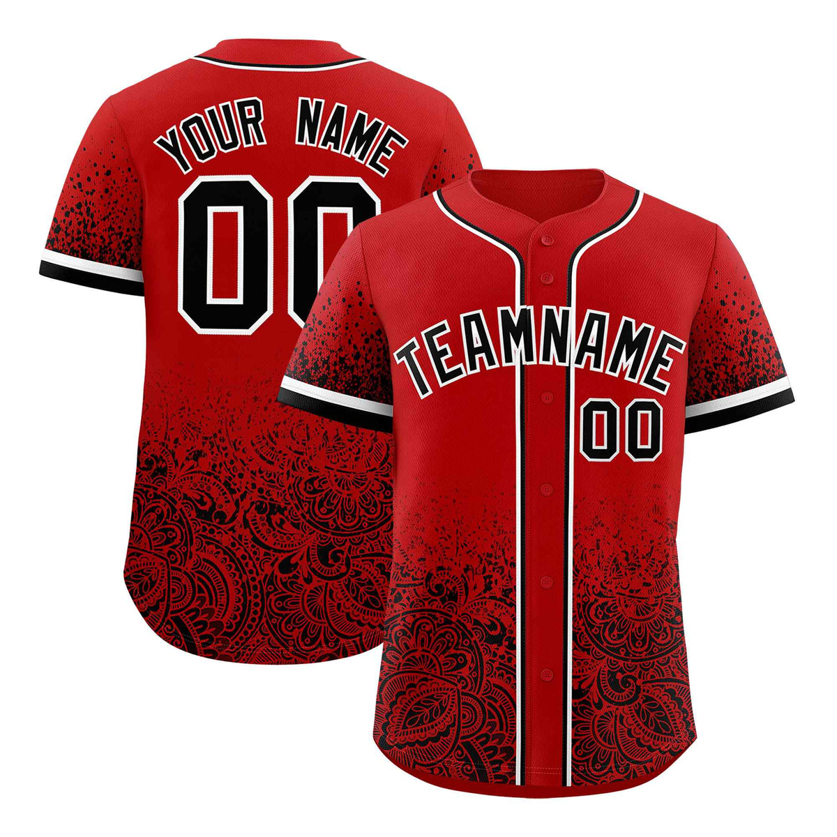 Custom Red Black Floral Print Pattern Full Button Gradient Fashion Baseball Jersey