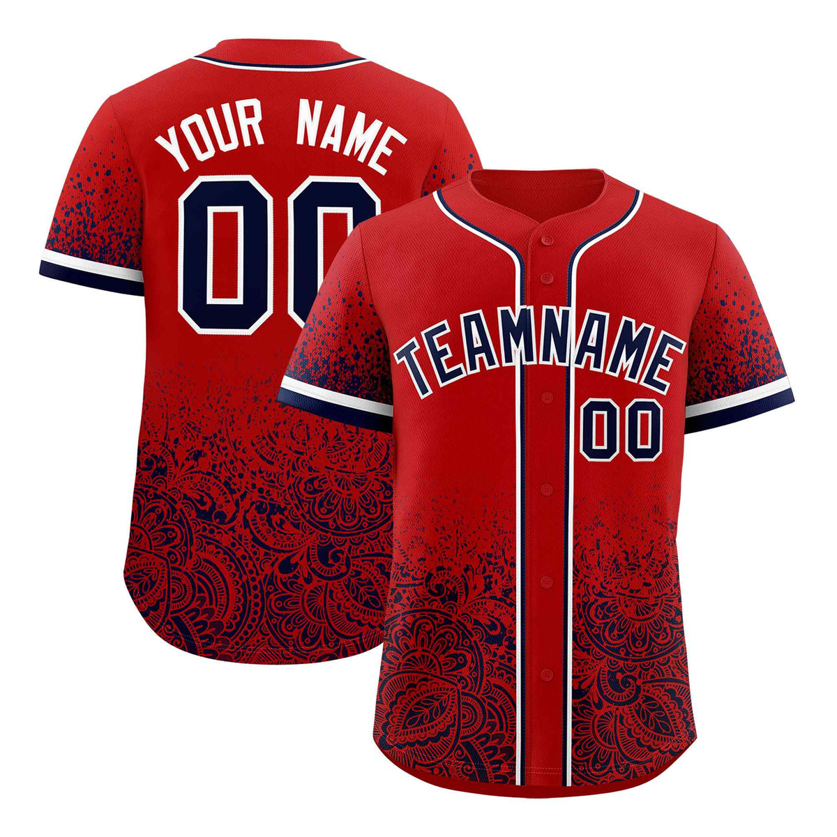 Custom Red Navy Floral Print Pattern Full Button Gradient Fashion Baseball Jersey