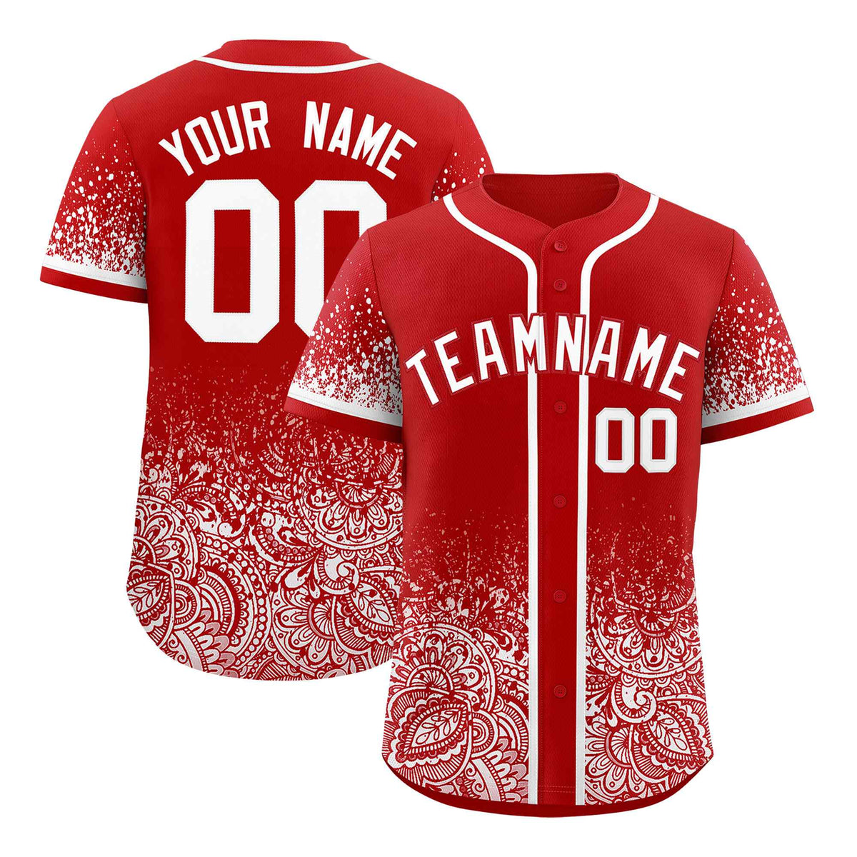 Custom Red White Floral Print Pattern Full Button Gradient Fashion Baseball Jersey