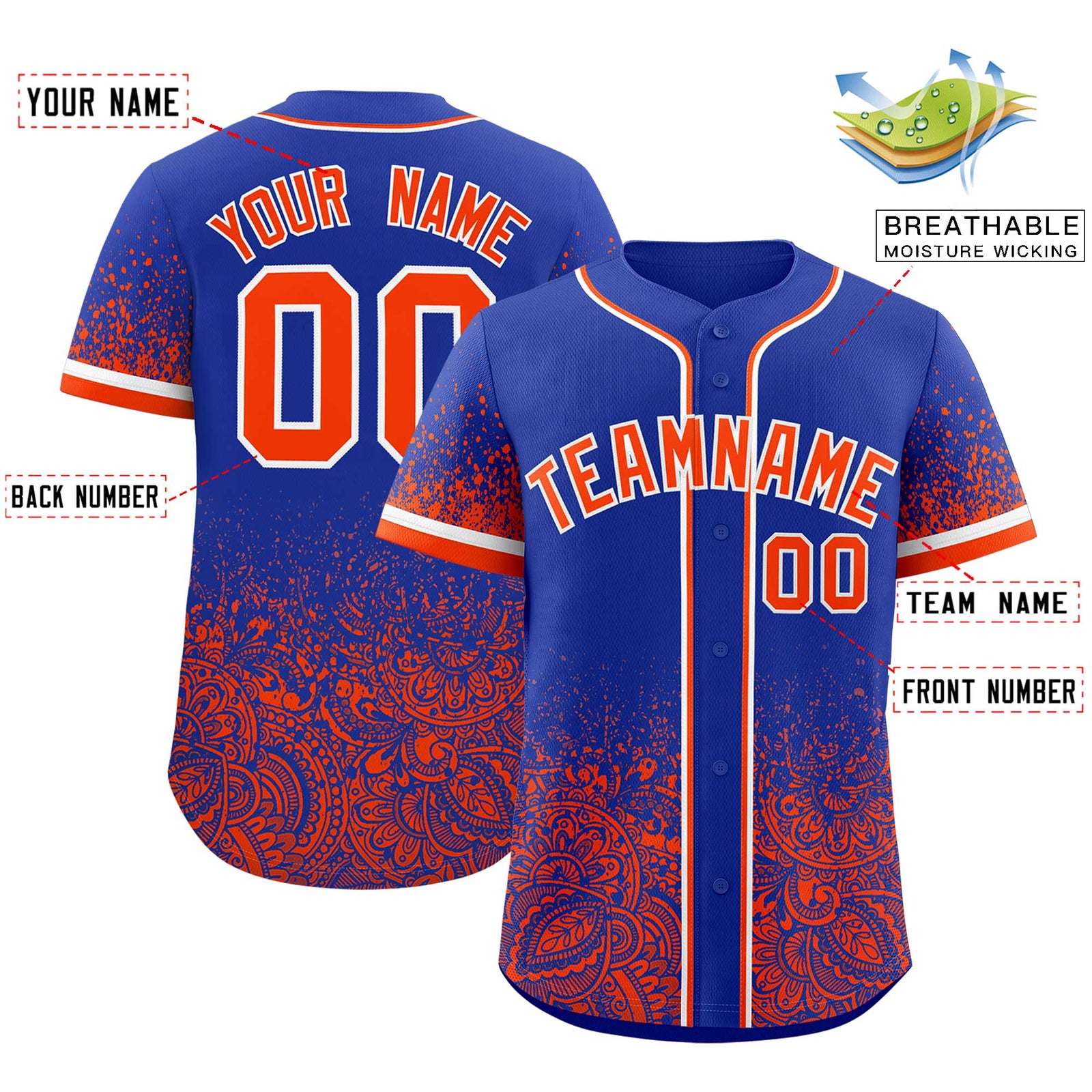 Custom Royal Orange Floral Print Pattern Full Button Gradient Fashion Baseball Jersey
