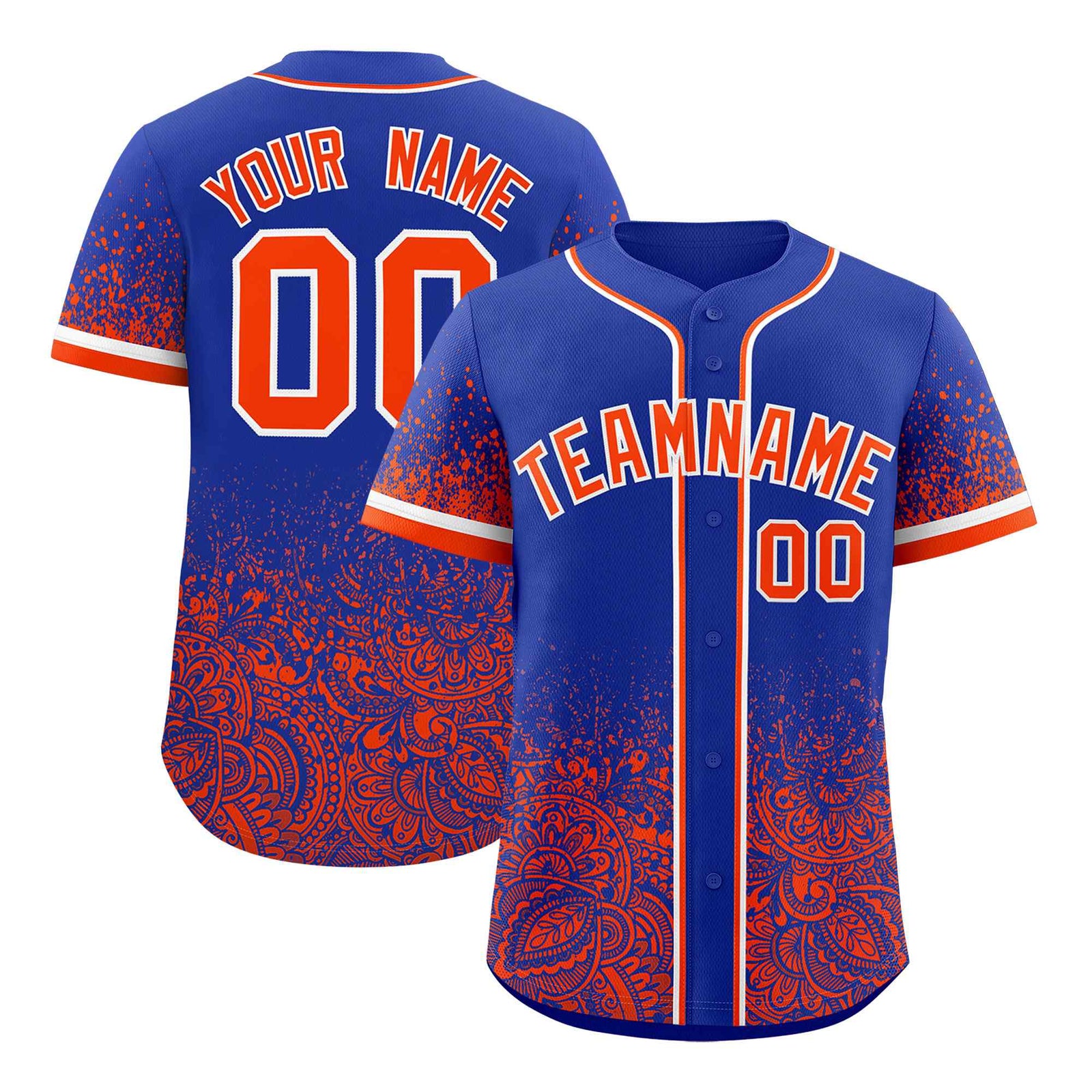 Custom Royal Orange Floral Print Pattern Full Button Gradient Fashion Baseball Jersey