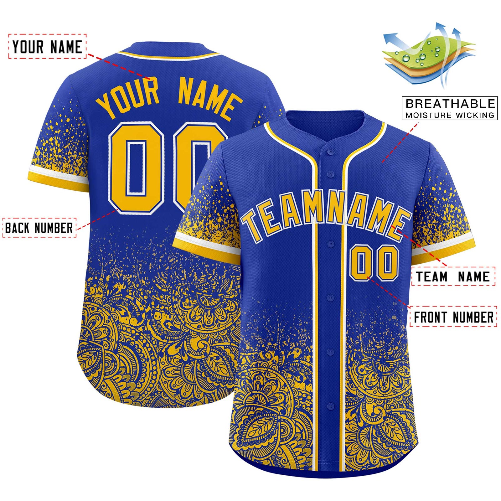 Custom Royal Yellow Floral Print Pattern Full Button Gradient Fashion Baseball Jersey