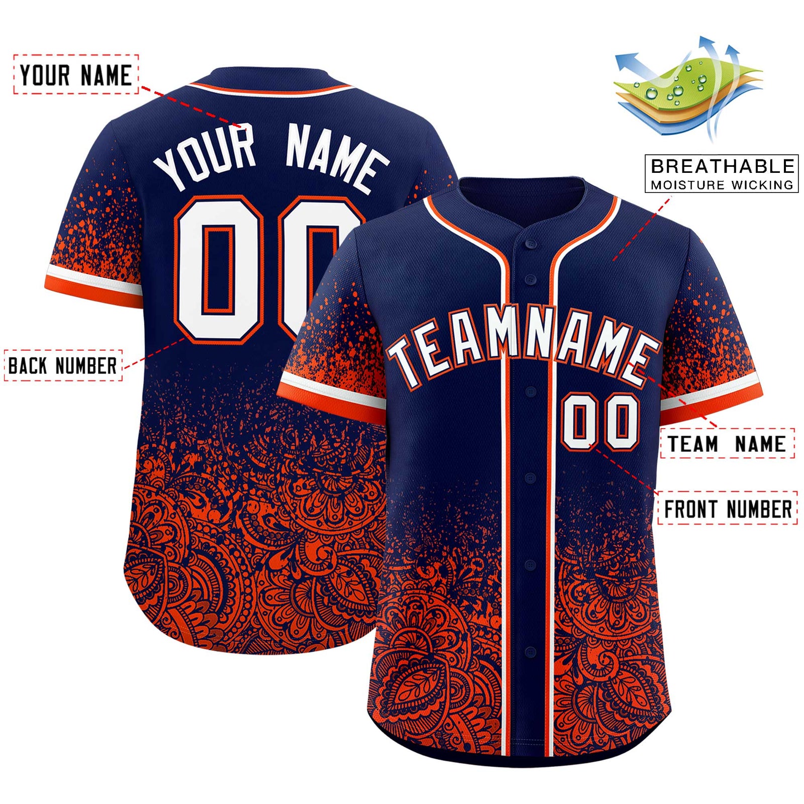 Custom Navy Orange Floral Print Pattern Full Button Gradient Fashion Baseball Jersey