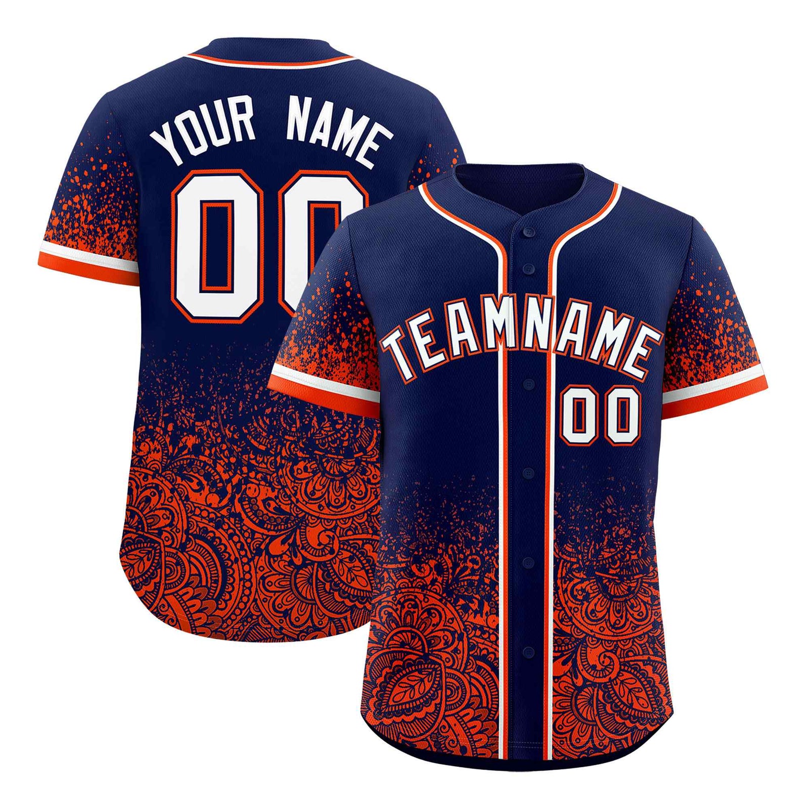 Custom Navy Orange Floral Print Pattern Full Button Gradient Fashion Baseball Jersey