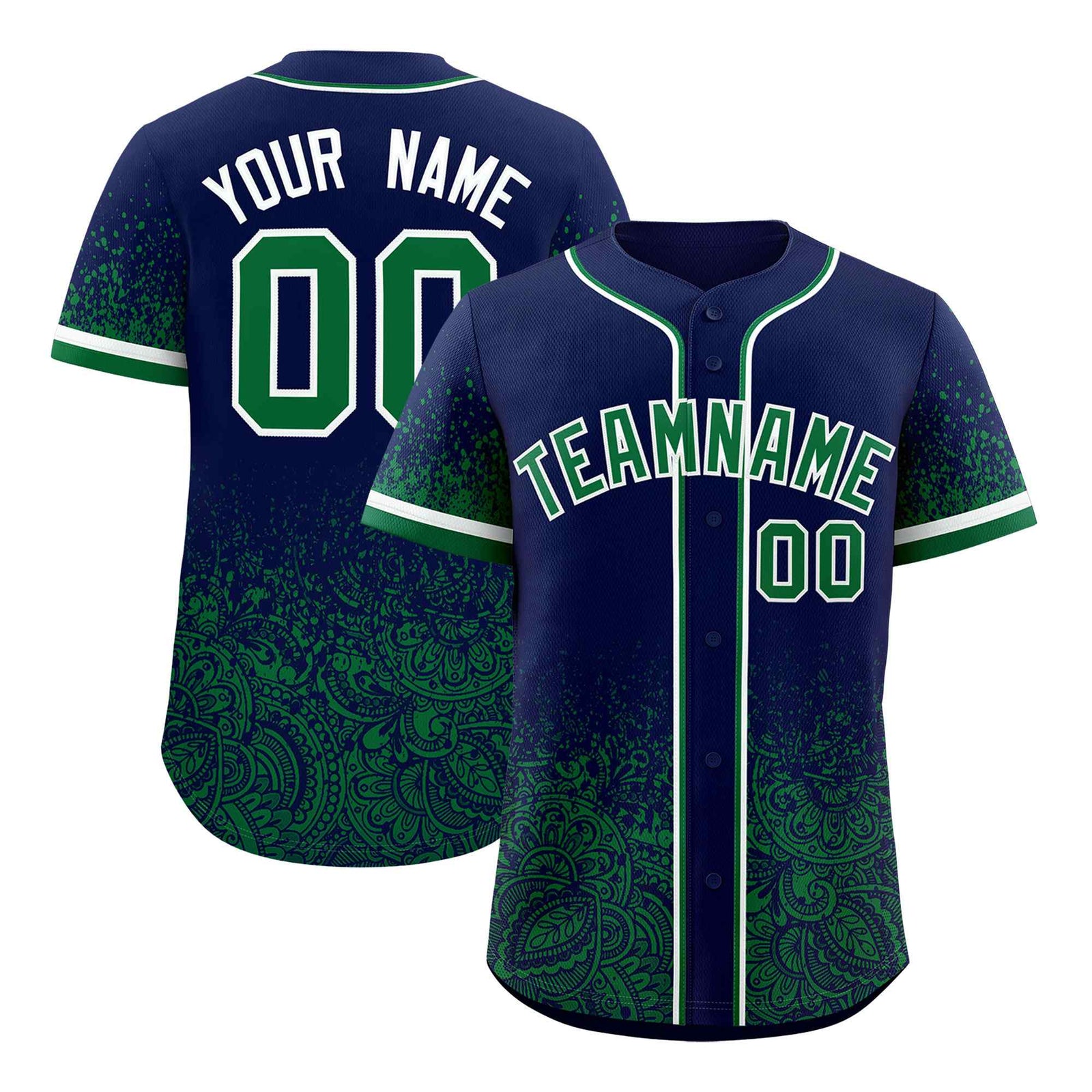 Custom Navy Kelly Green Floral Print Pattern Full Button Gradient Fashion Baseball Jersey