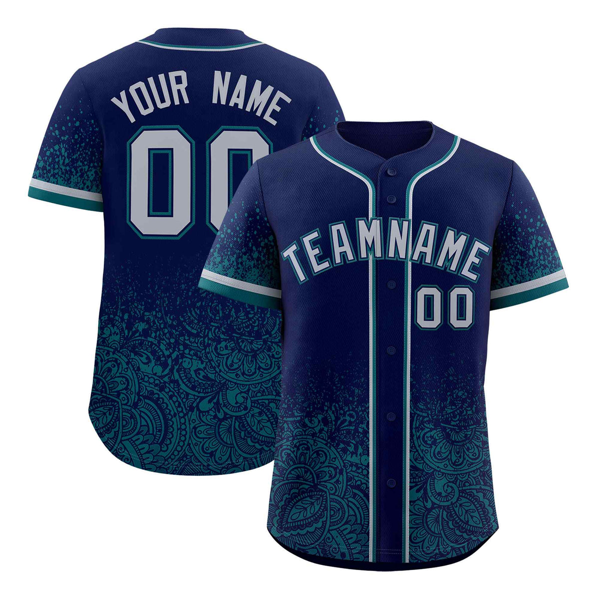 Custom Navy Teal Floral Print Pattern Full Button Gradient Fashion Baseball Jersey