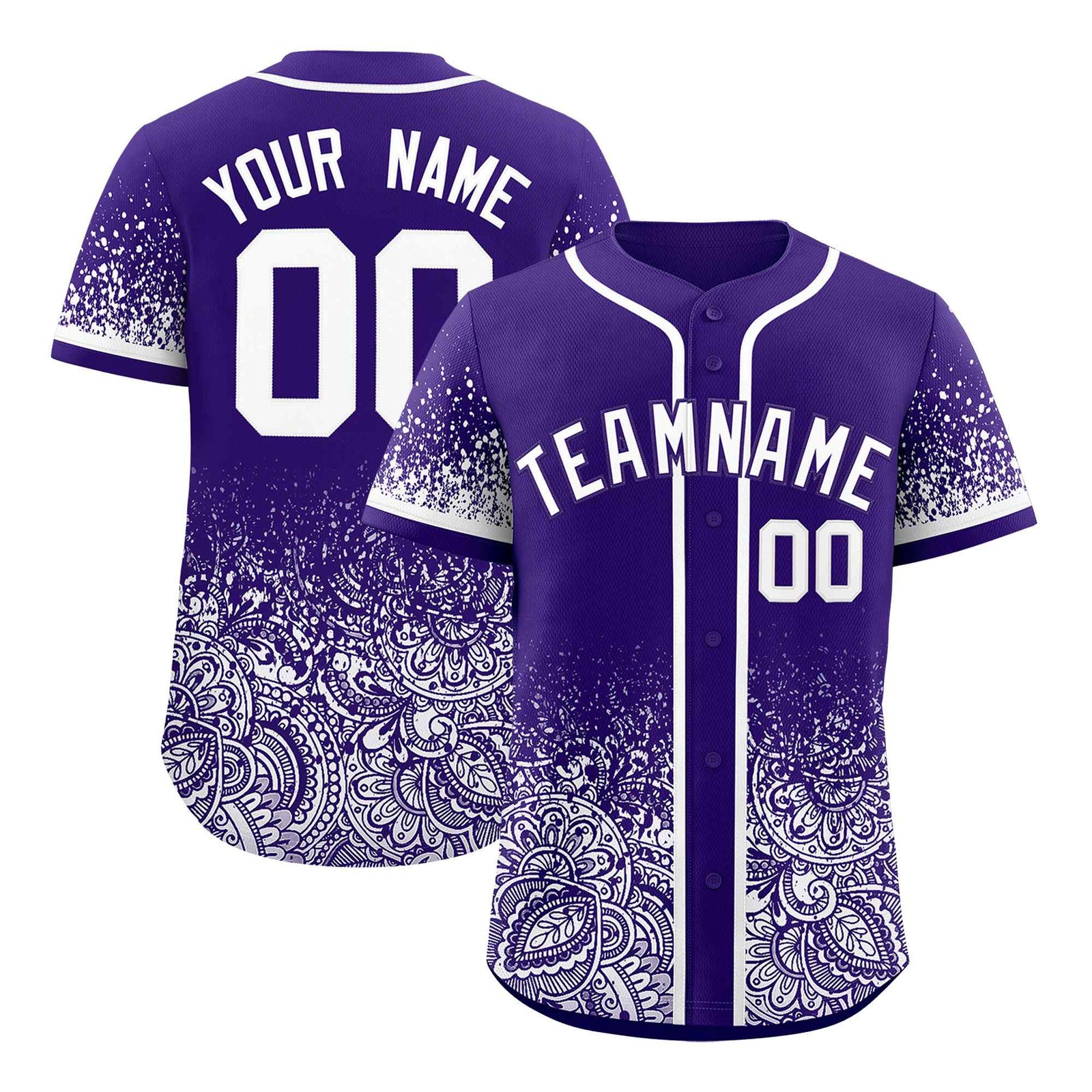 Custom Purple White Floral Print Pattern Full Button Gradient Fashion Baseball Jersey