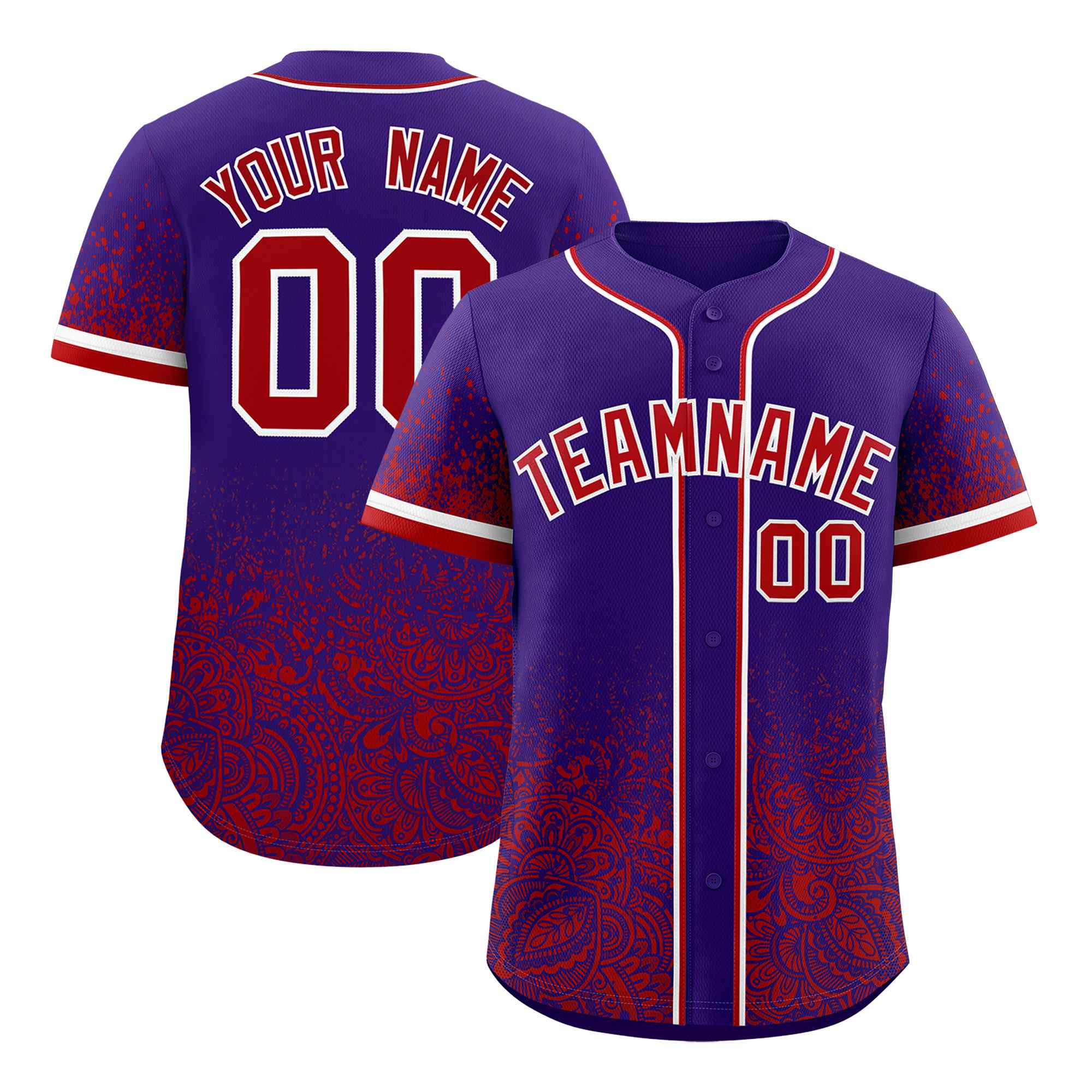 Custom Purple Red Floral Print Pattern Full Button Gradient Fashion Baseball Jersey
