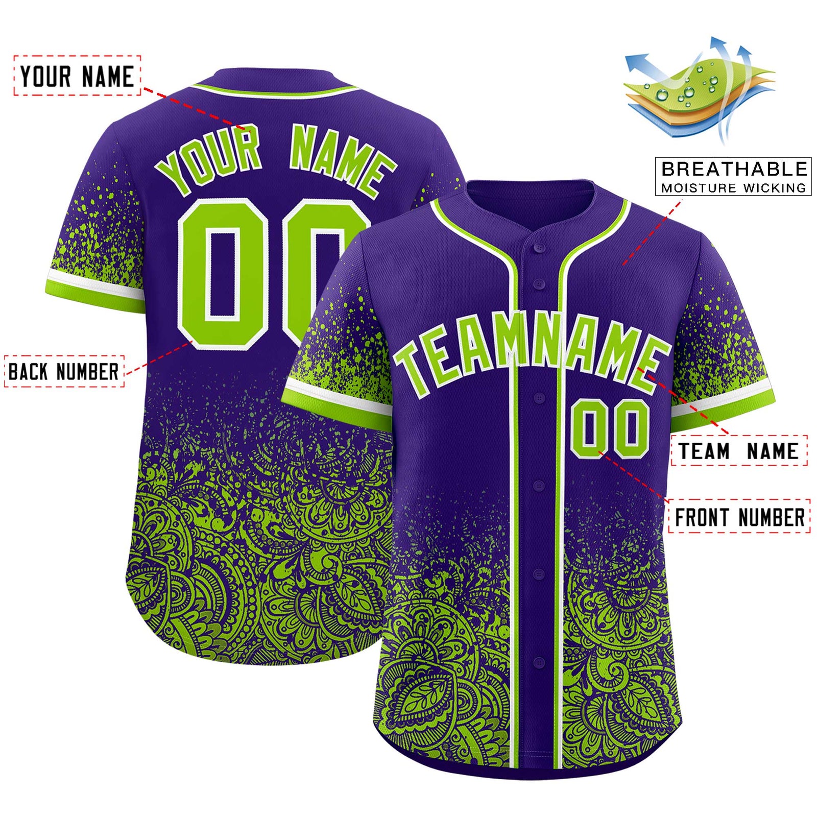 Custom Purple Neon Green Floral Print Pattern Full Button Gradient Fashion Baseball Jersey